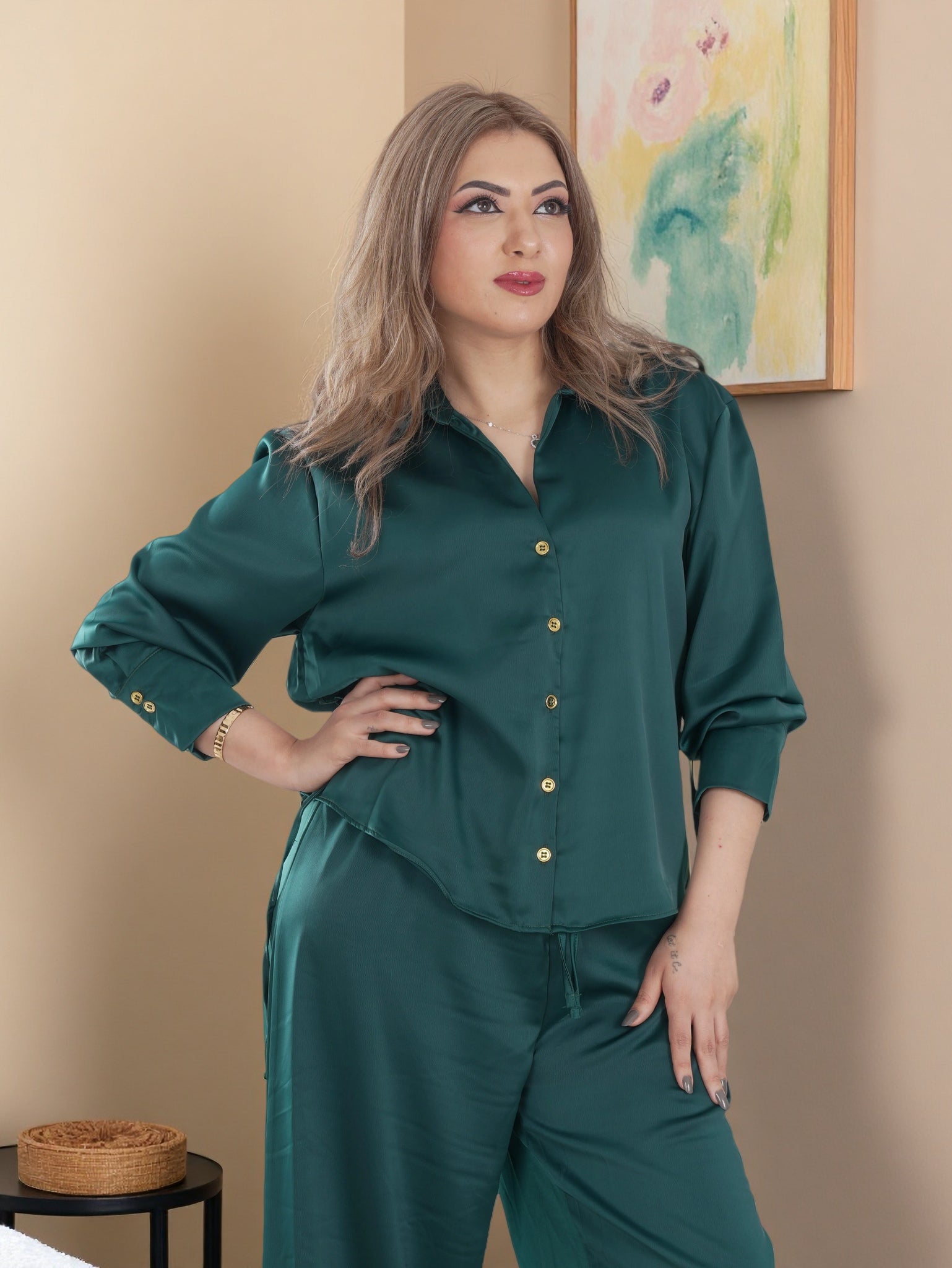 Women’s Premium Two-Piece Lounge Set | Long Sleeve Button Shirt & Wide-Leg Pants