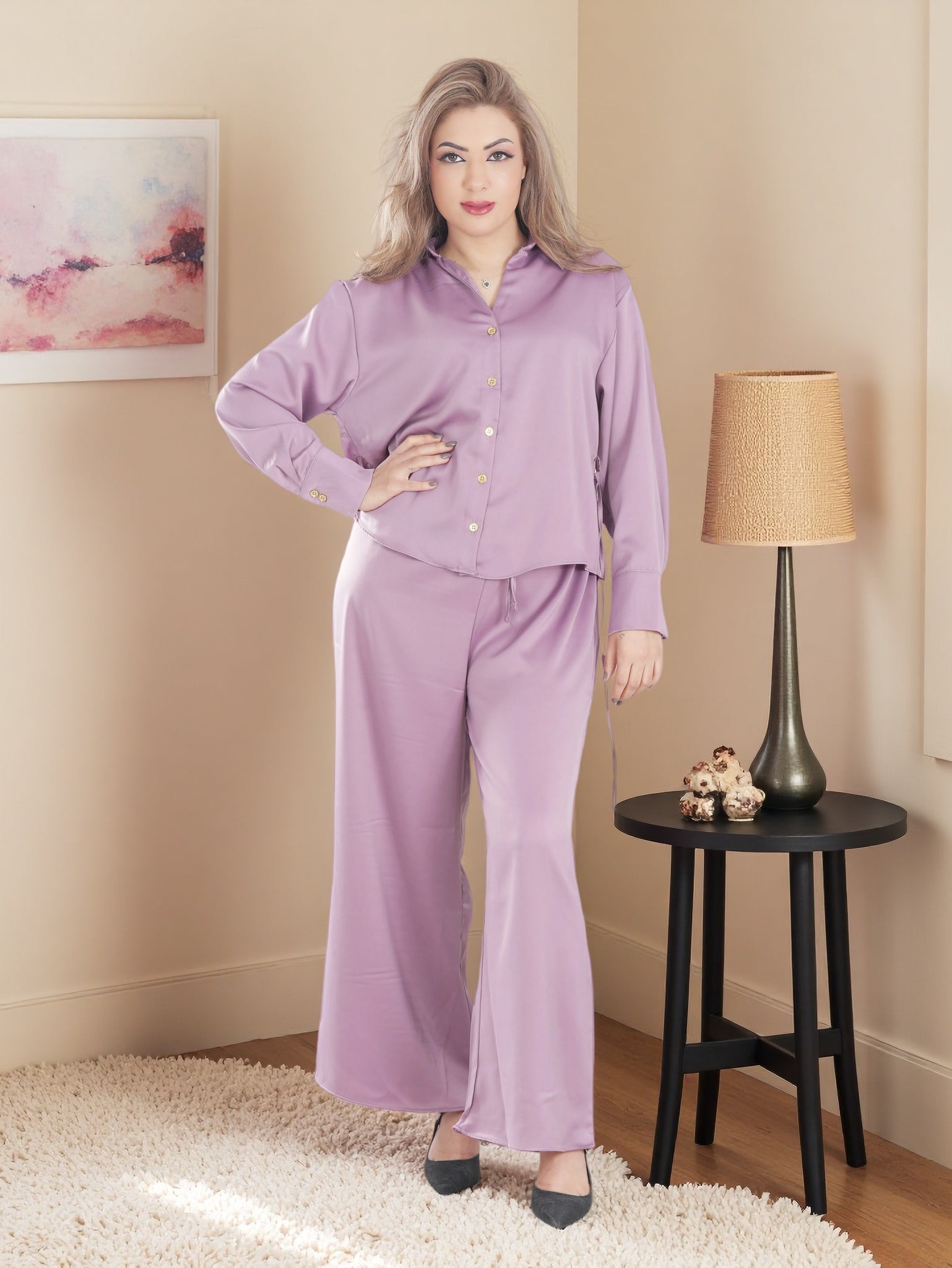 Women’s Premium Two-Piece Lounge Set | Long Sleeve Button Shirt & Wide-Leg Pants
