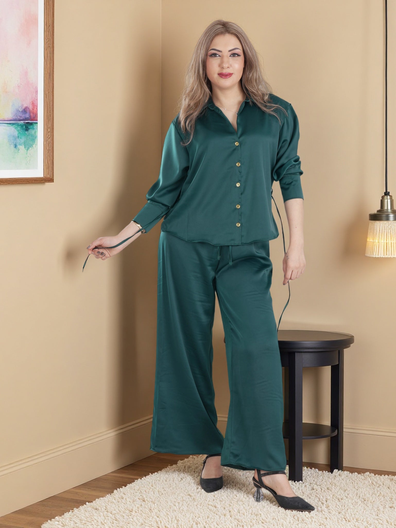 Women’s Premium Two-Piece Lounge Set | Long Sleeve Button Shirt & Wide-Leg Pants