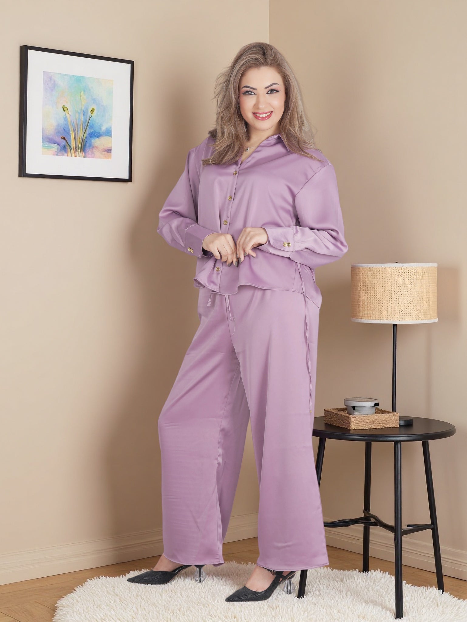 Women’s Premium Two-Piece Lounge Set | Long Sleeve Button Shirt & Wide-Leg Pants
