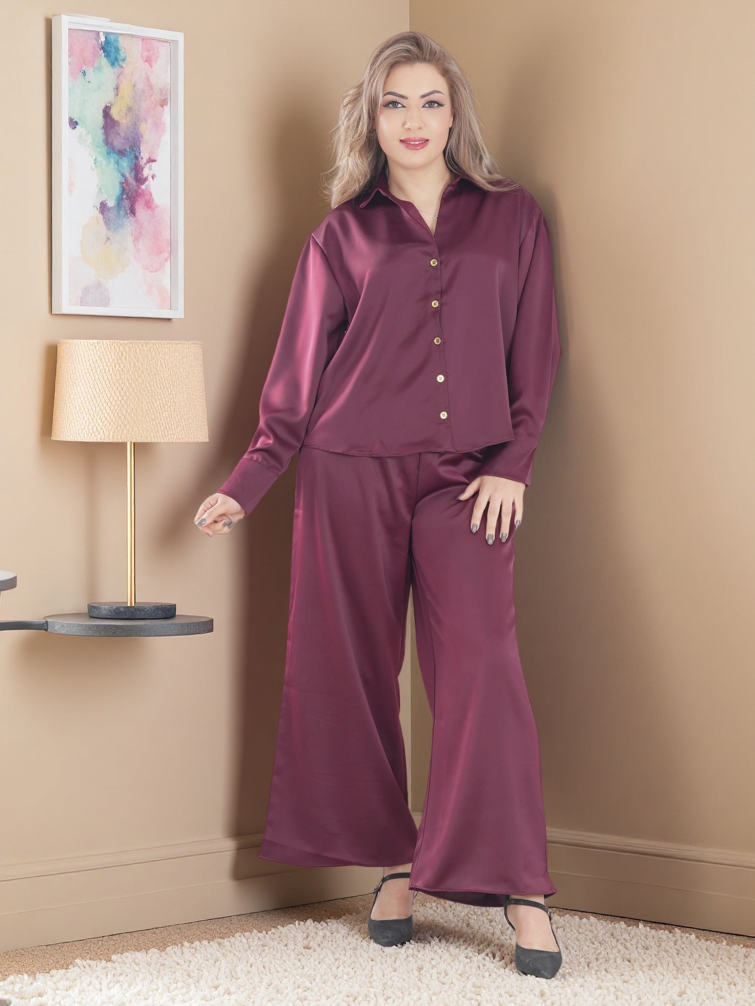 Women’s Premium Two-Piece Lounge Set | Long Sleeve Button Shirt & Wide-Leg Pants