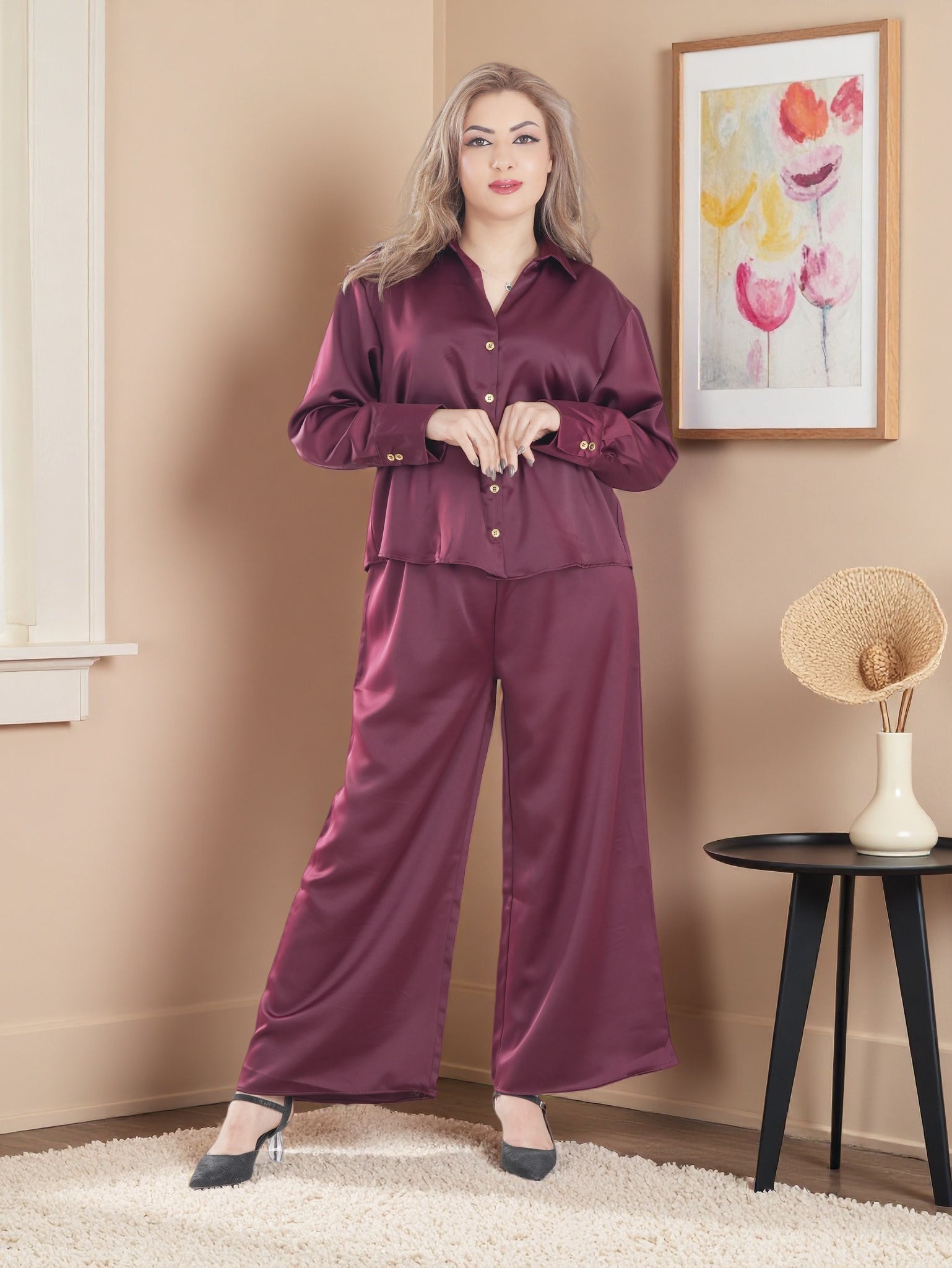 Women’s Premium Two-Piece Lounge Set | Long Sleeve Button Shirt & Wide-Leg Pants