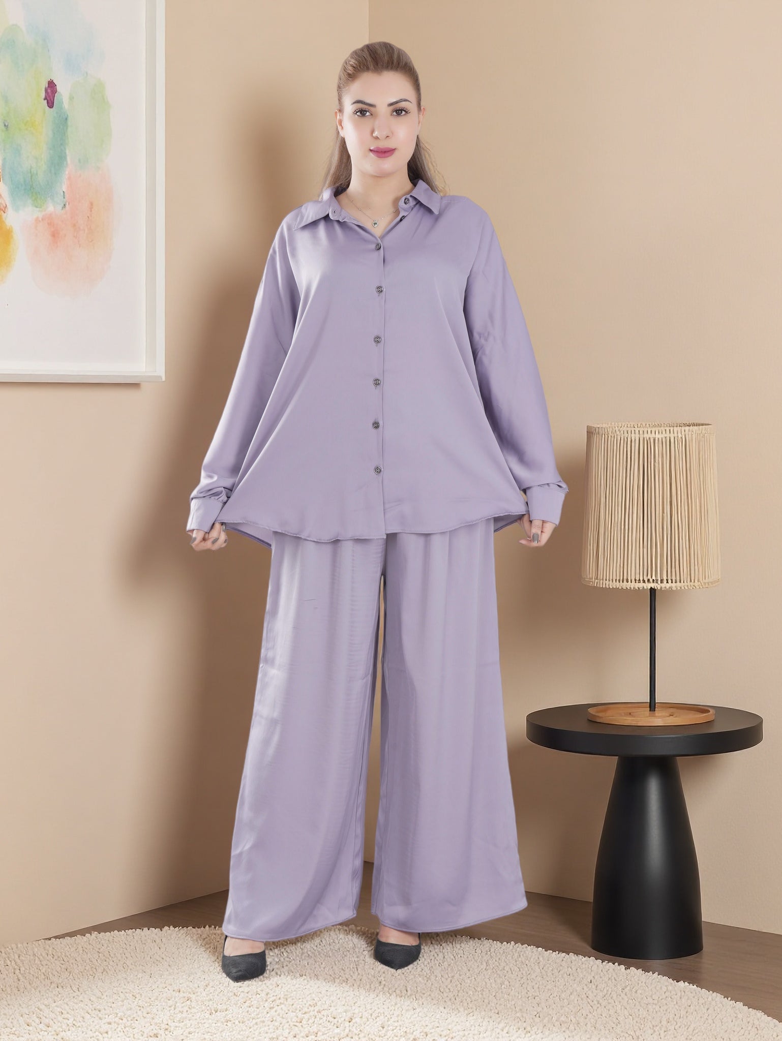 Women’s Premium Soft Satin Co-Ord Set – Long Sleeve Shirt & Wide-Leg Pants | Casual & Modest Wear