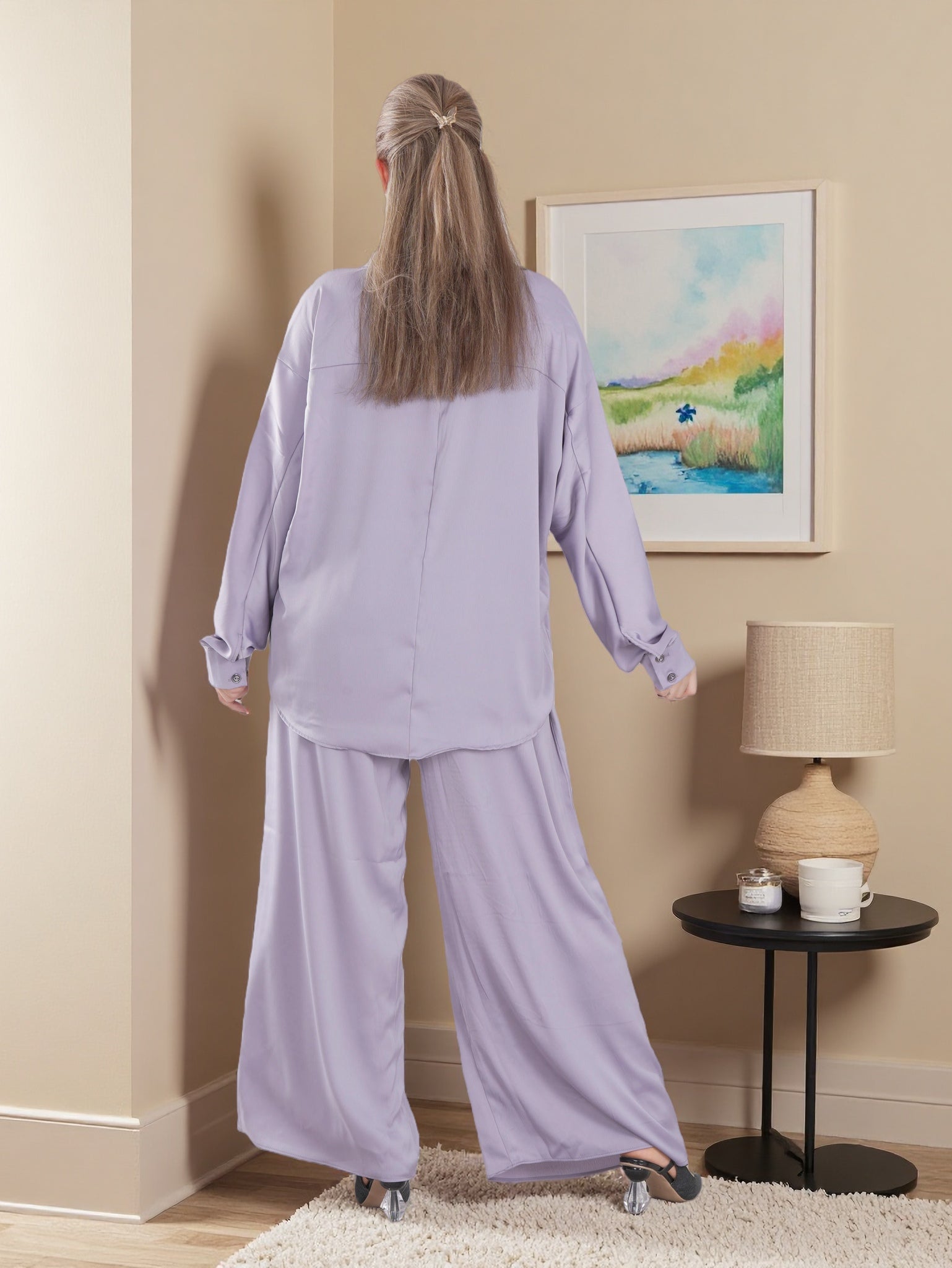 Women’s Premium Soft Satin Co-Ord Set – Long Sleeve Shirt & Wide-Leg Pants | Casual & Modest Wear