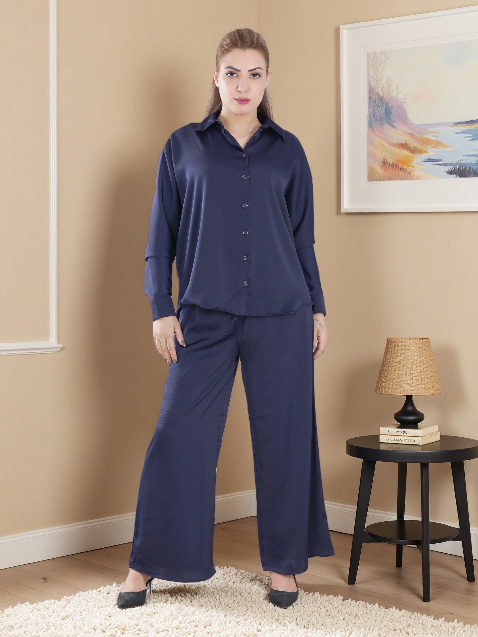 Women's Premium Soft Satin Co-Ord Set – Long Sleeve Shirt & Wide-Leg P – FineLook