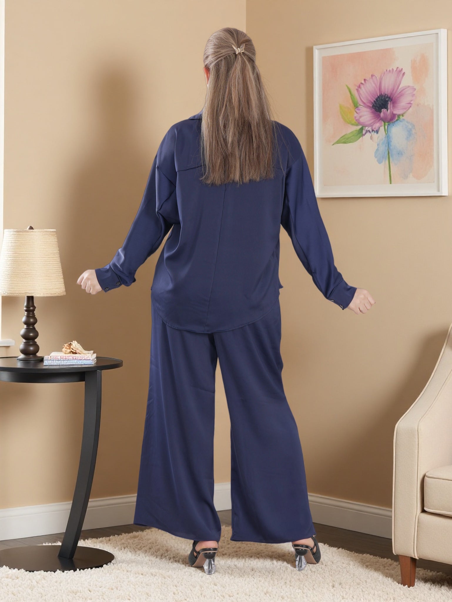 Women’s Premium Soft Satin Co-Ord Set – Long Sleeve Shirt & Wide-Leg Pants | Casual & Modest Wear