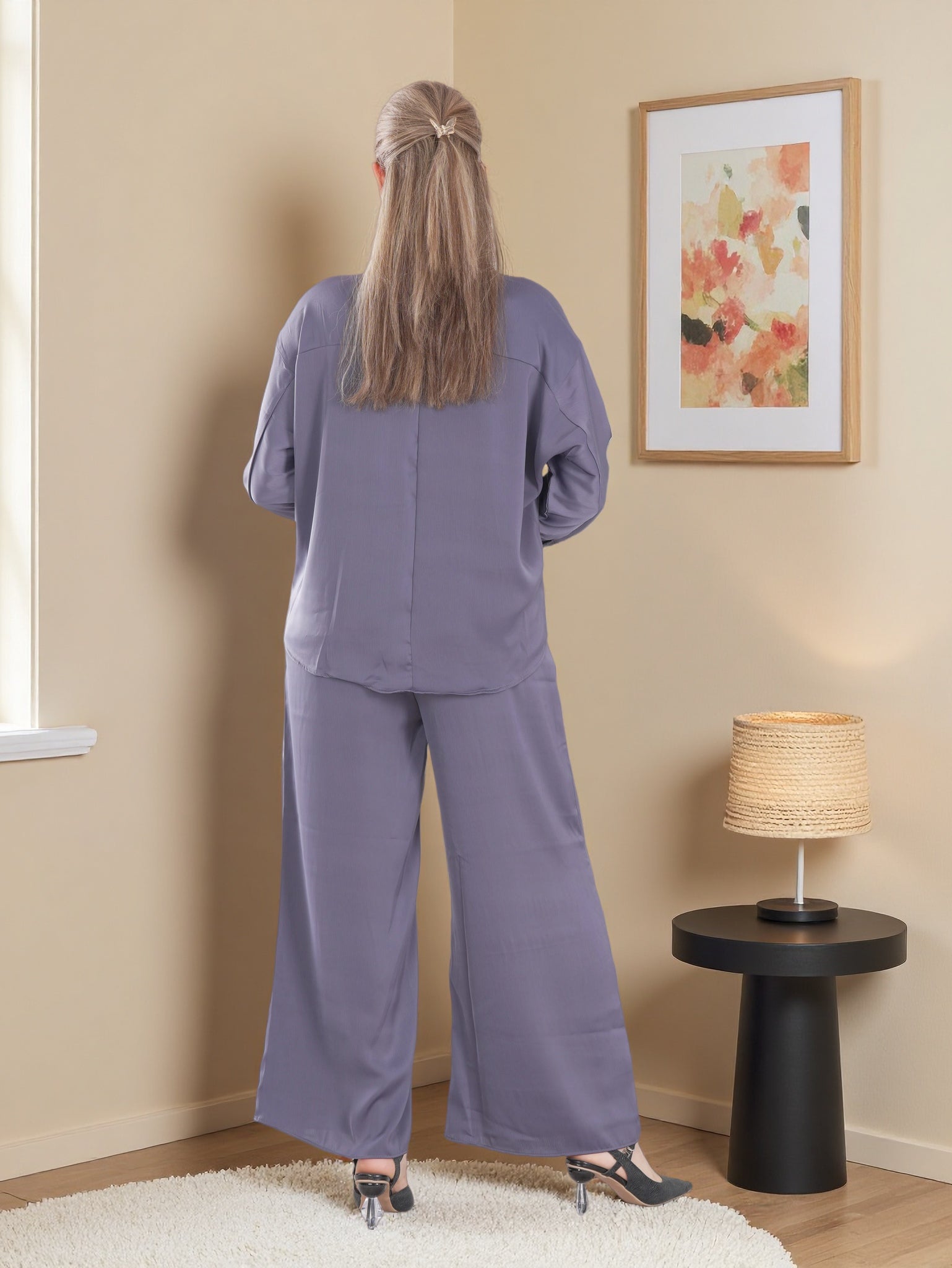 Women’s Premium Soft Satin Co-Ord Set – Long Sleeve Shirt & Wide-Leg Pants | Casual & Modest Wear