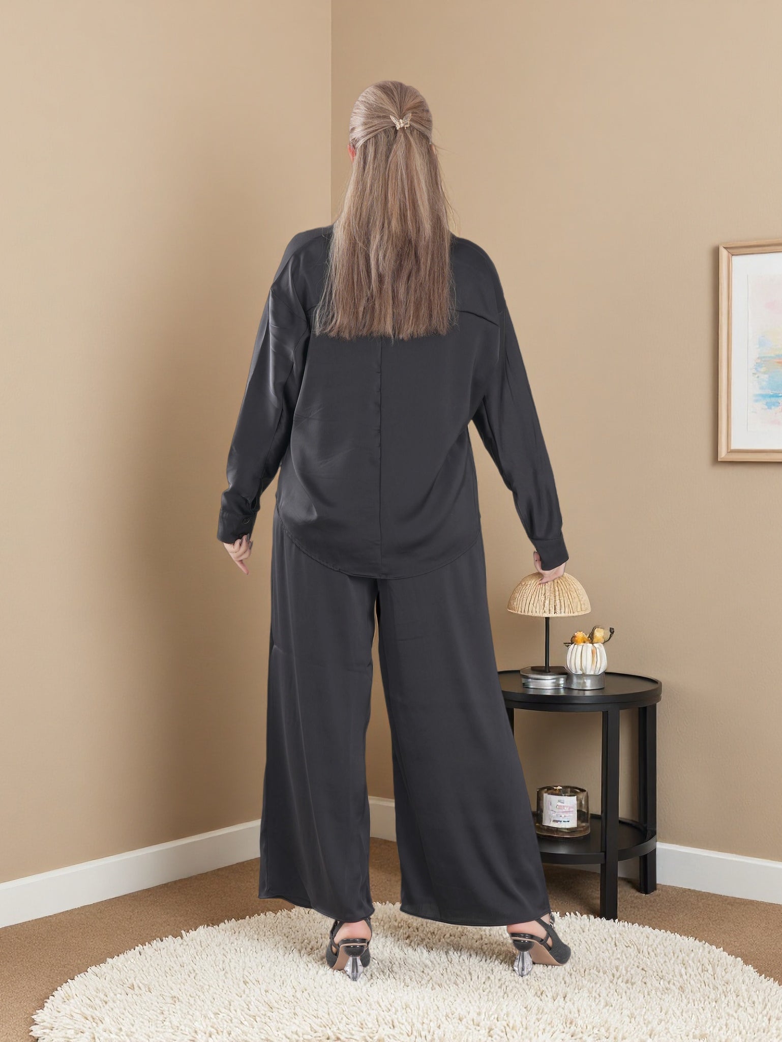 Women’s Premium Soft Satin Co-Ord Set – Long Sleeve Shirt & Wide-Leg Pants | Casual & Modest Wear