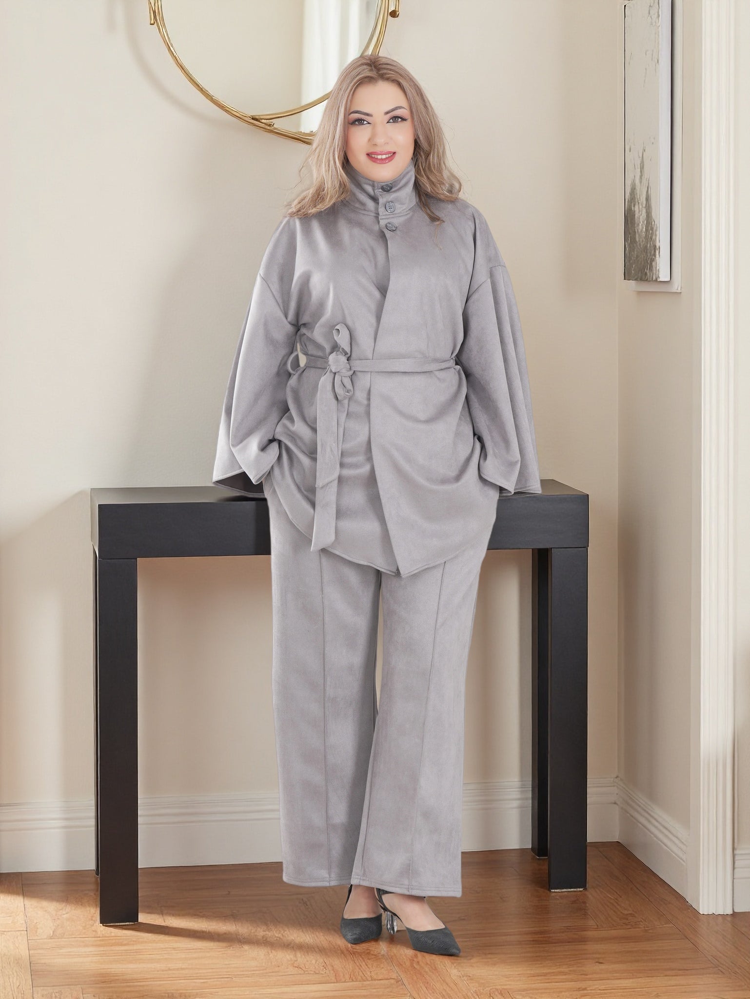 Modern Modest Suede Set for Women — High Neck Belted Abaya Style