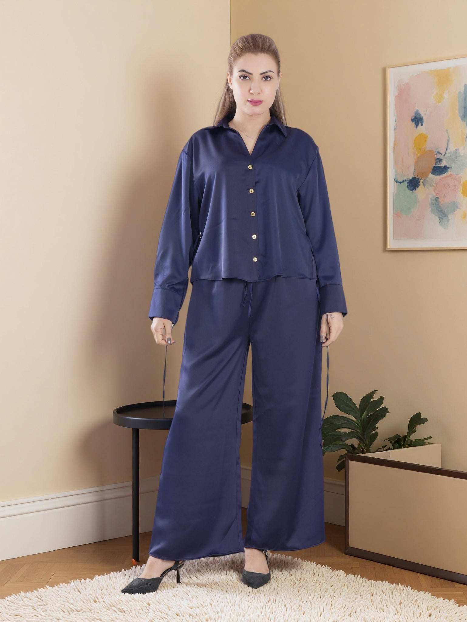 Women’s Premium Two-Piece Lounge Set | Long Sleeve Button Shirt & Wide-Leg Pants