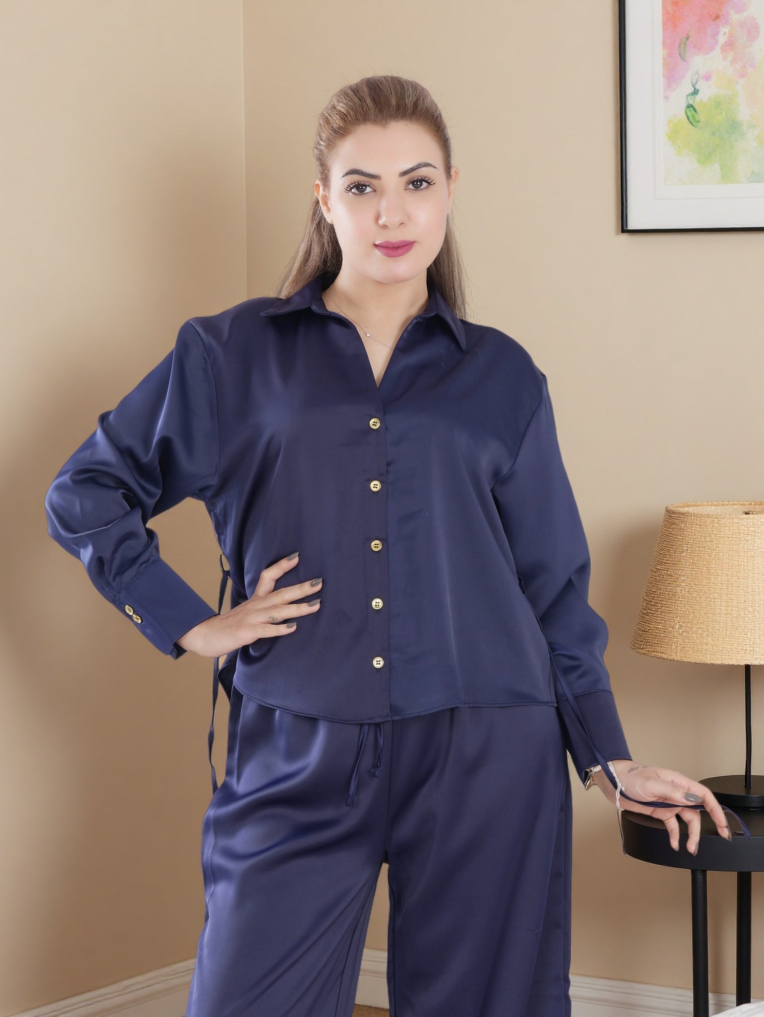 Women’s Premium Two-Piece Lounge Set | Long Sleeve Button Shirt & Wide-Leg Pants