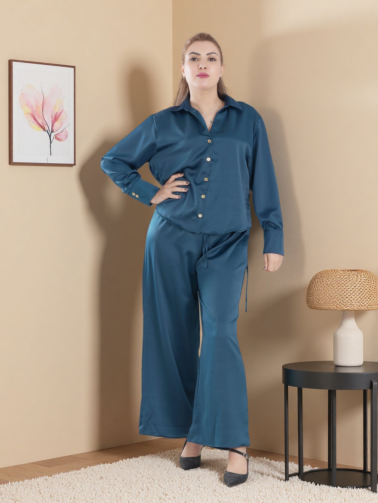 Women’s Premium Two-Piece Lounge Set | Long Sleeve Button Shirt & Wide-Leg Pants