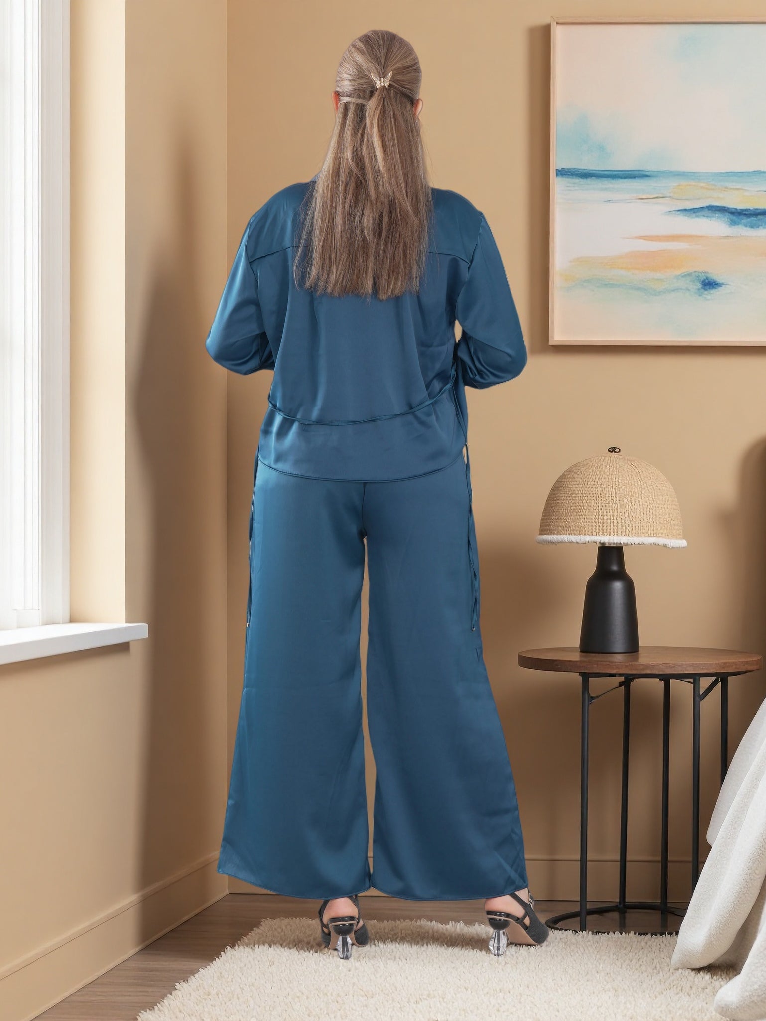 Women’s Premium Two-Piece Lounge Set | Long Sleeve Button Shirt & Wide-Leg Pants