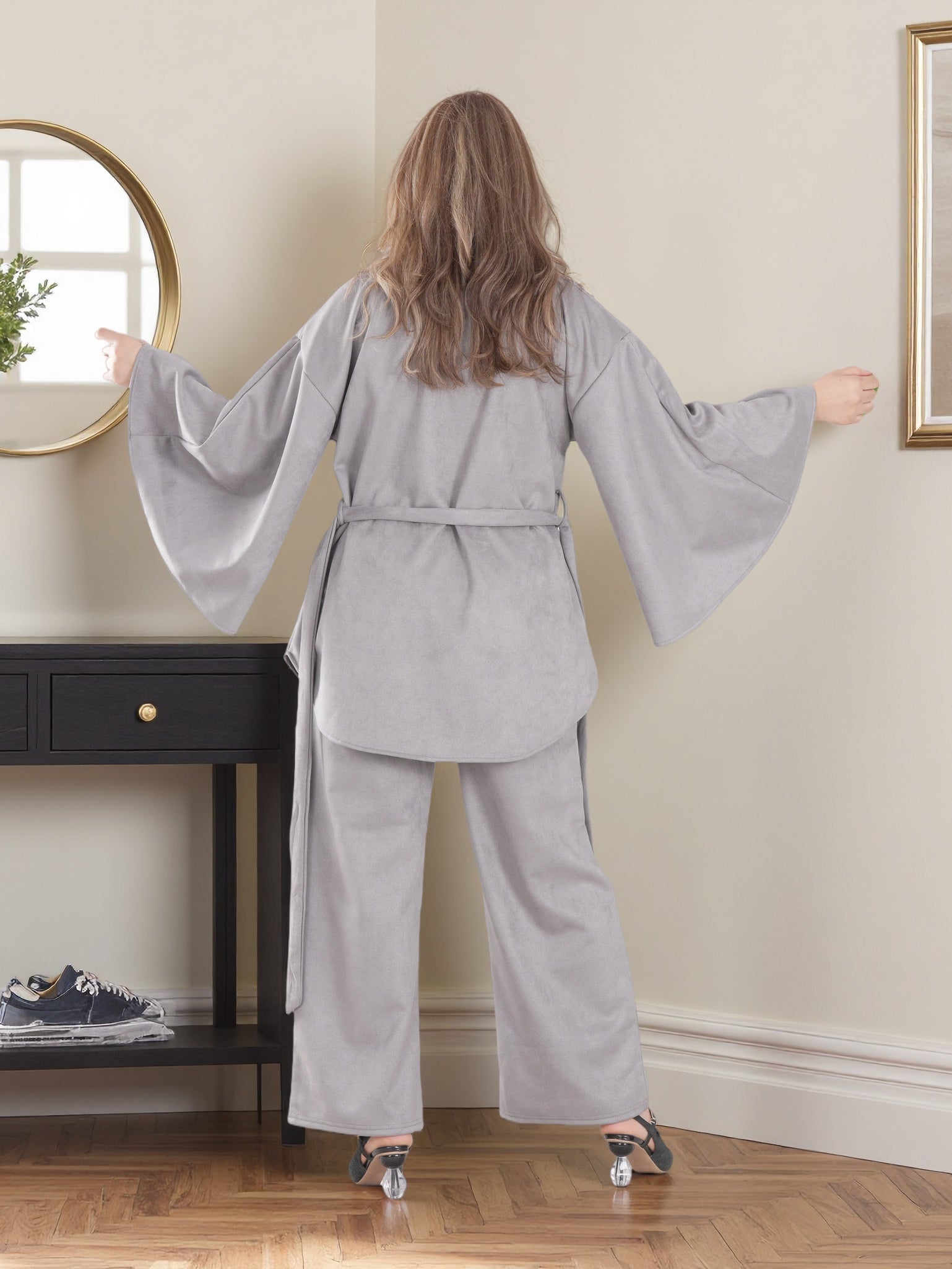 Modern Modest Suede Set for Women — High Neck Belted Abaya Style