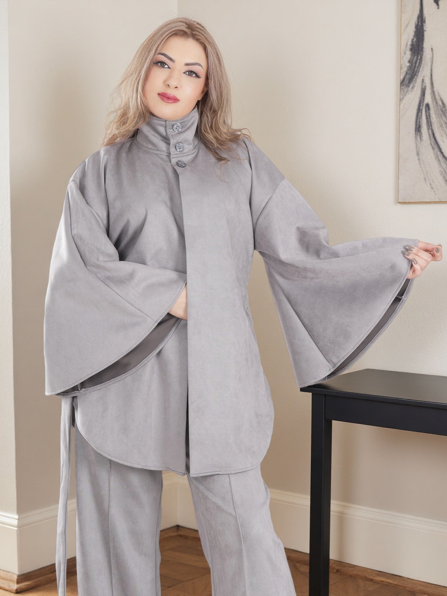 Modern Modest Suede Set for Women — High Neck Belted Abaya Style