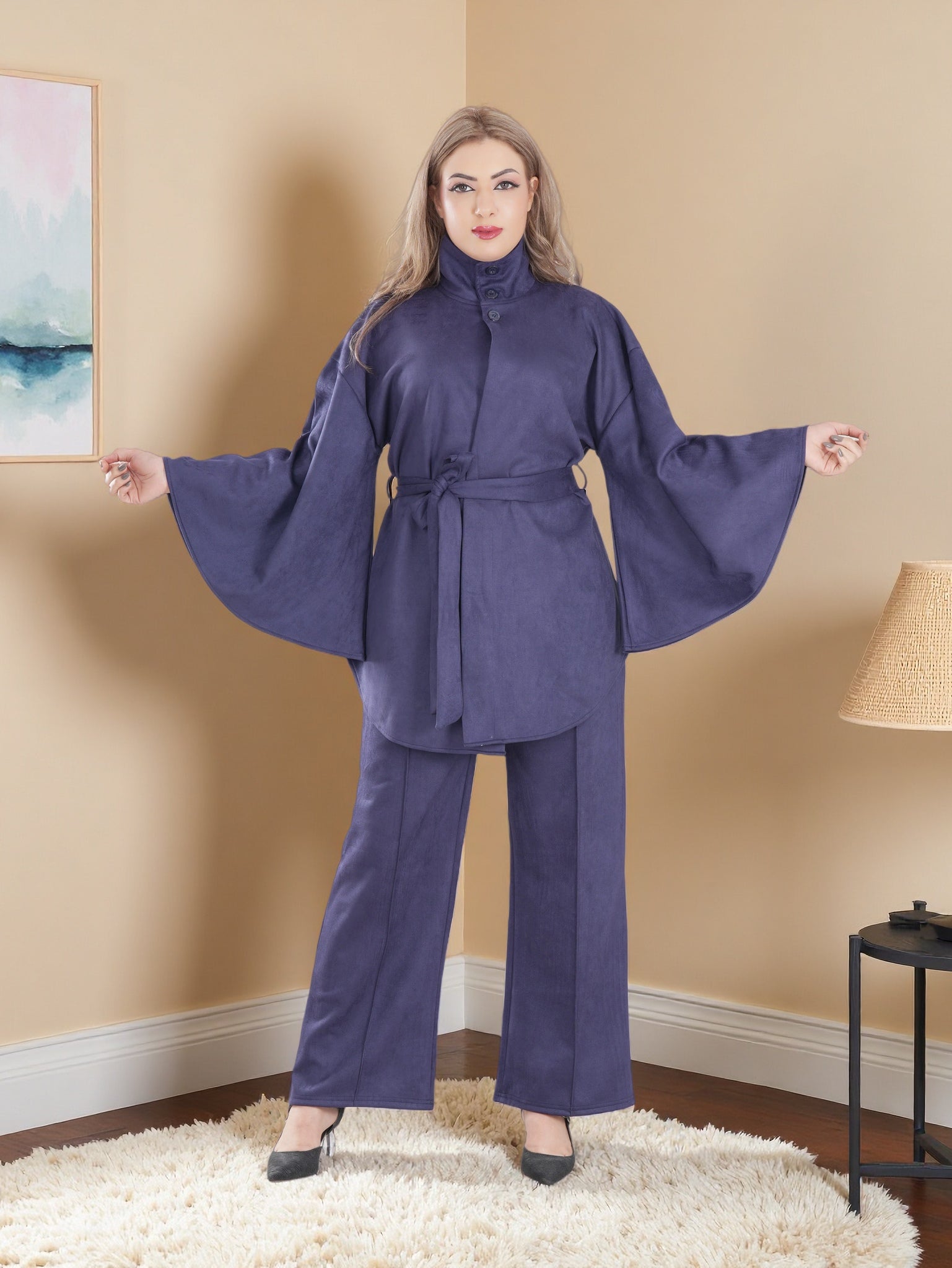 Modern Modest Suede Set for Women — High Neck Belted Abaya Style