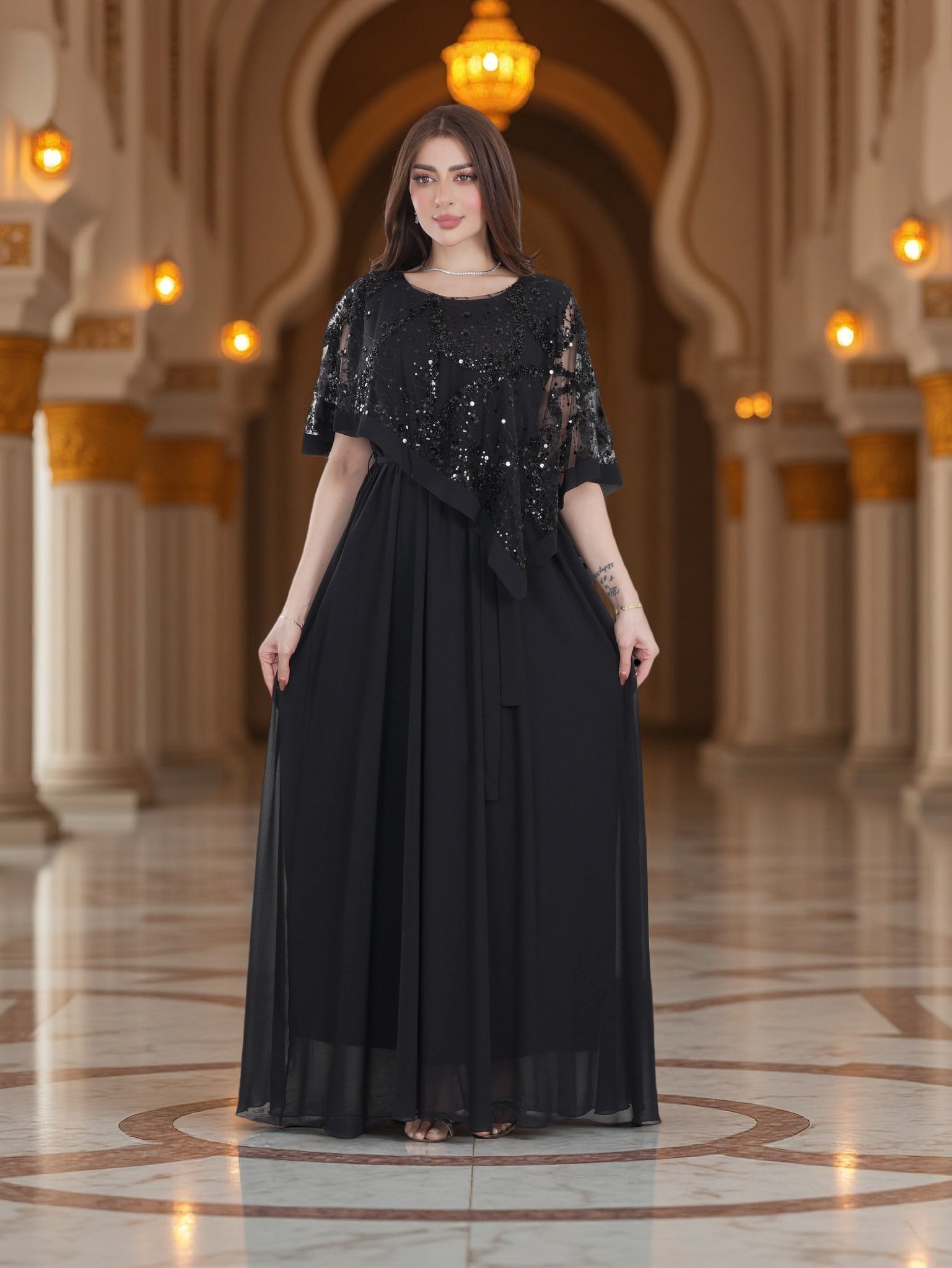 Elegant Black Evening Dress with Sequin Cape Overlay – Modest Luxury Occasion Wear
