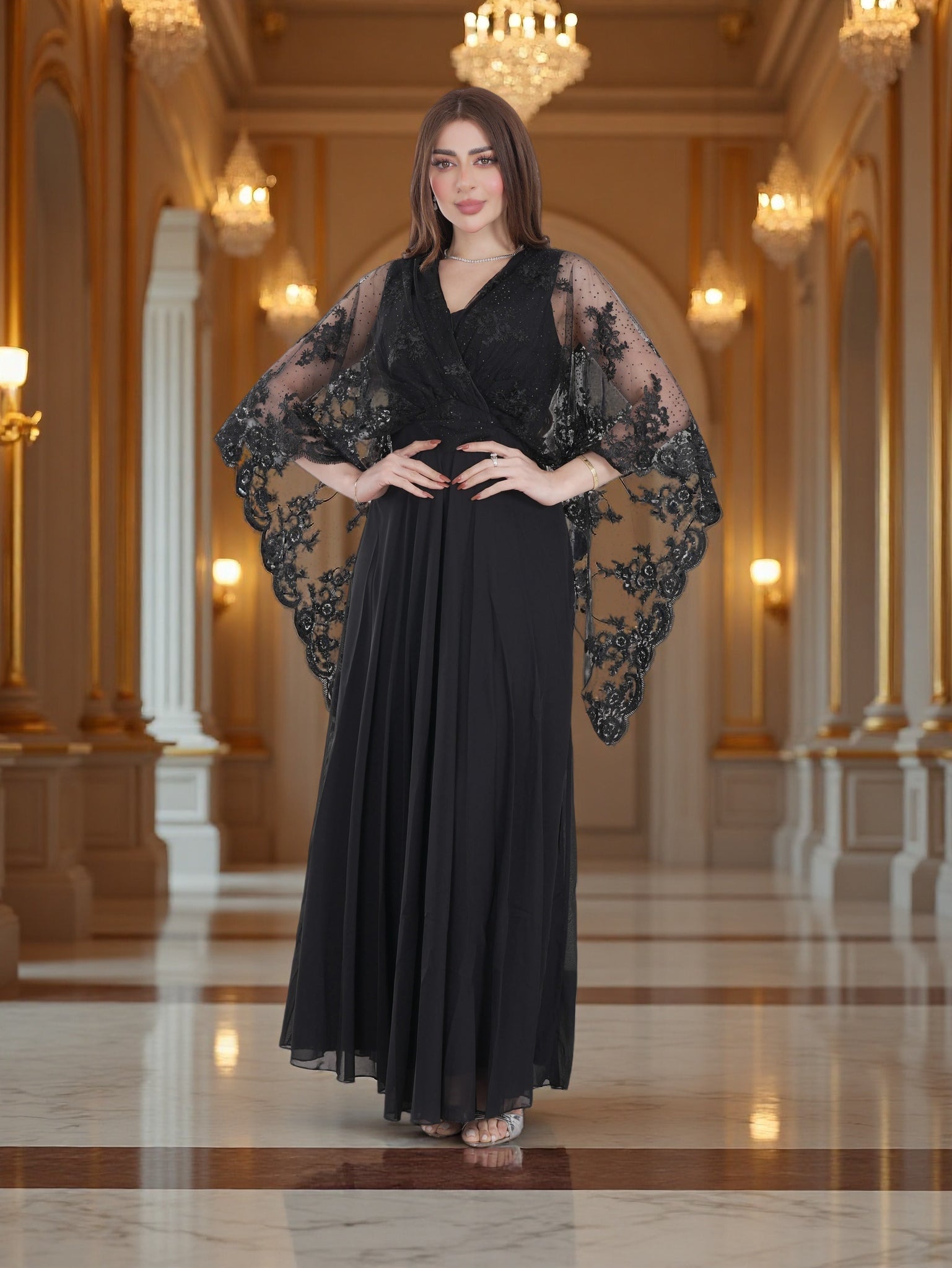 فستان سهرة أسود أنيق للنساء | فستان ماكسي رسمي بأكمام طويلة وخصر مطرّز