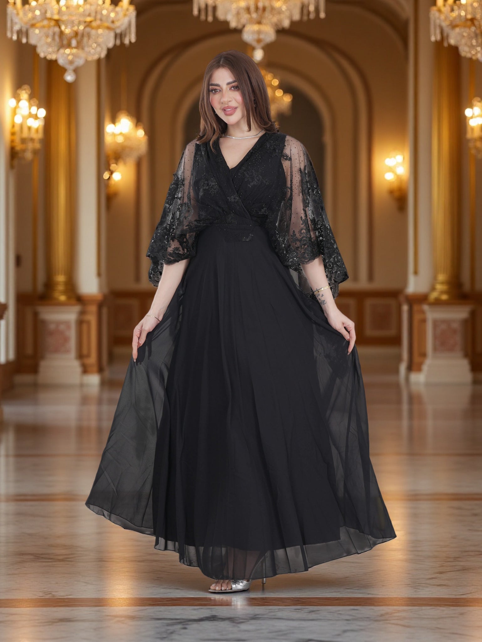 فستان سهرة أسود أنيق للنساء | فستان ماكسي رسمي بأكمام طويلة وخصر مطرّز