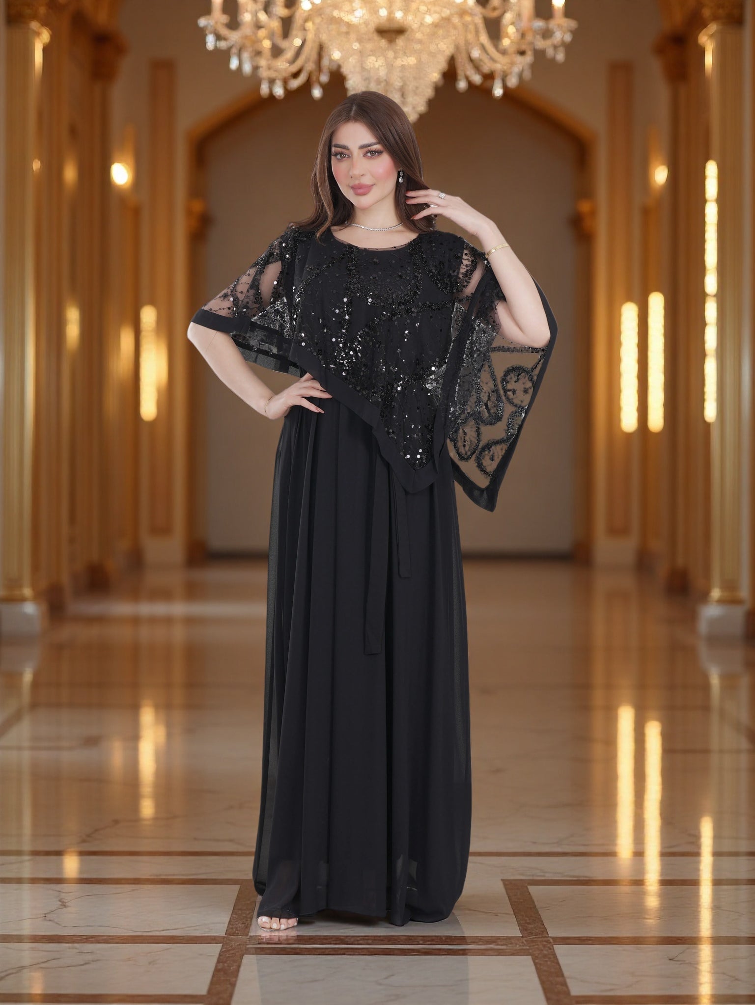 Elegant Black Evening Dress with Sequin Cape Overlay – Modest Luxury Occasion Wear