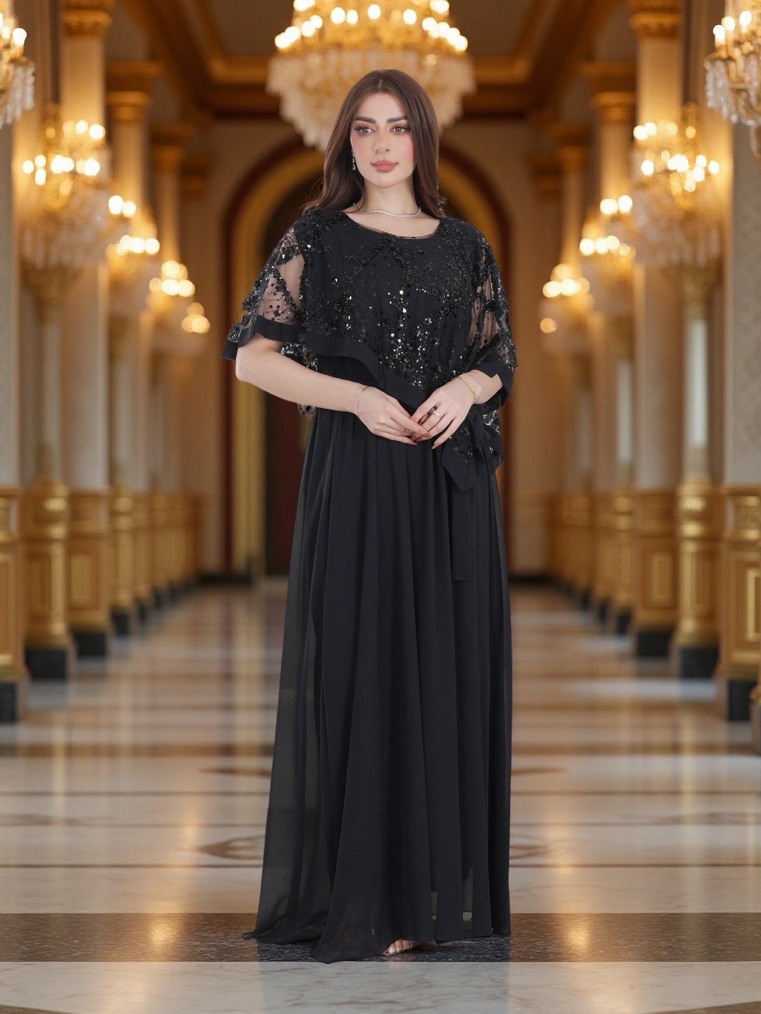 فستان سهرة أسود أنيق للنساء | فستان ماكسي رسمي بأكمام طويلة وخصر مطرّز