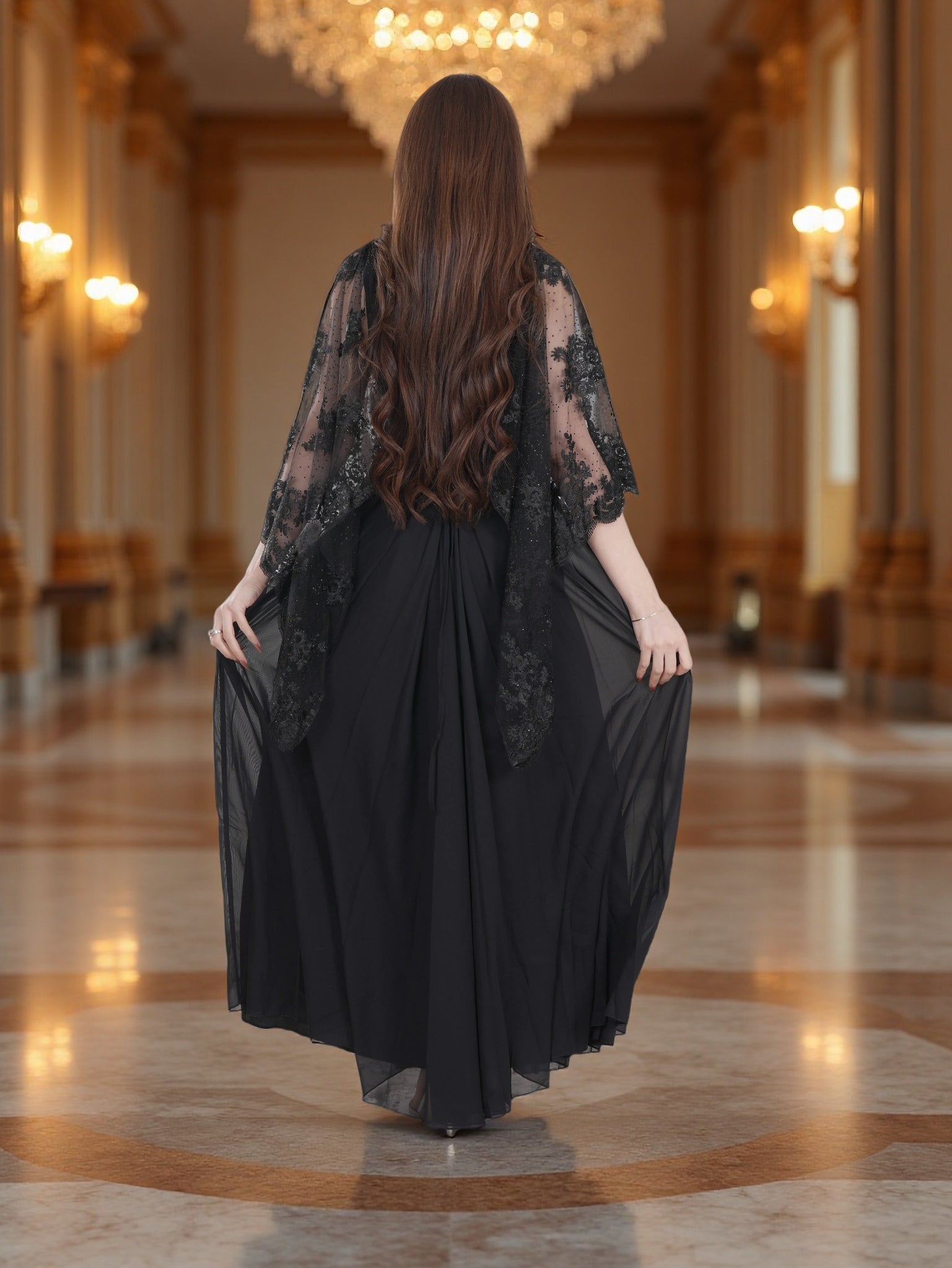 فستان سهرة أسود أنيق للنساء | فستان ماكسي رسمي بأكمام طويلة وخصر مطرّز