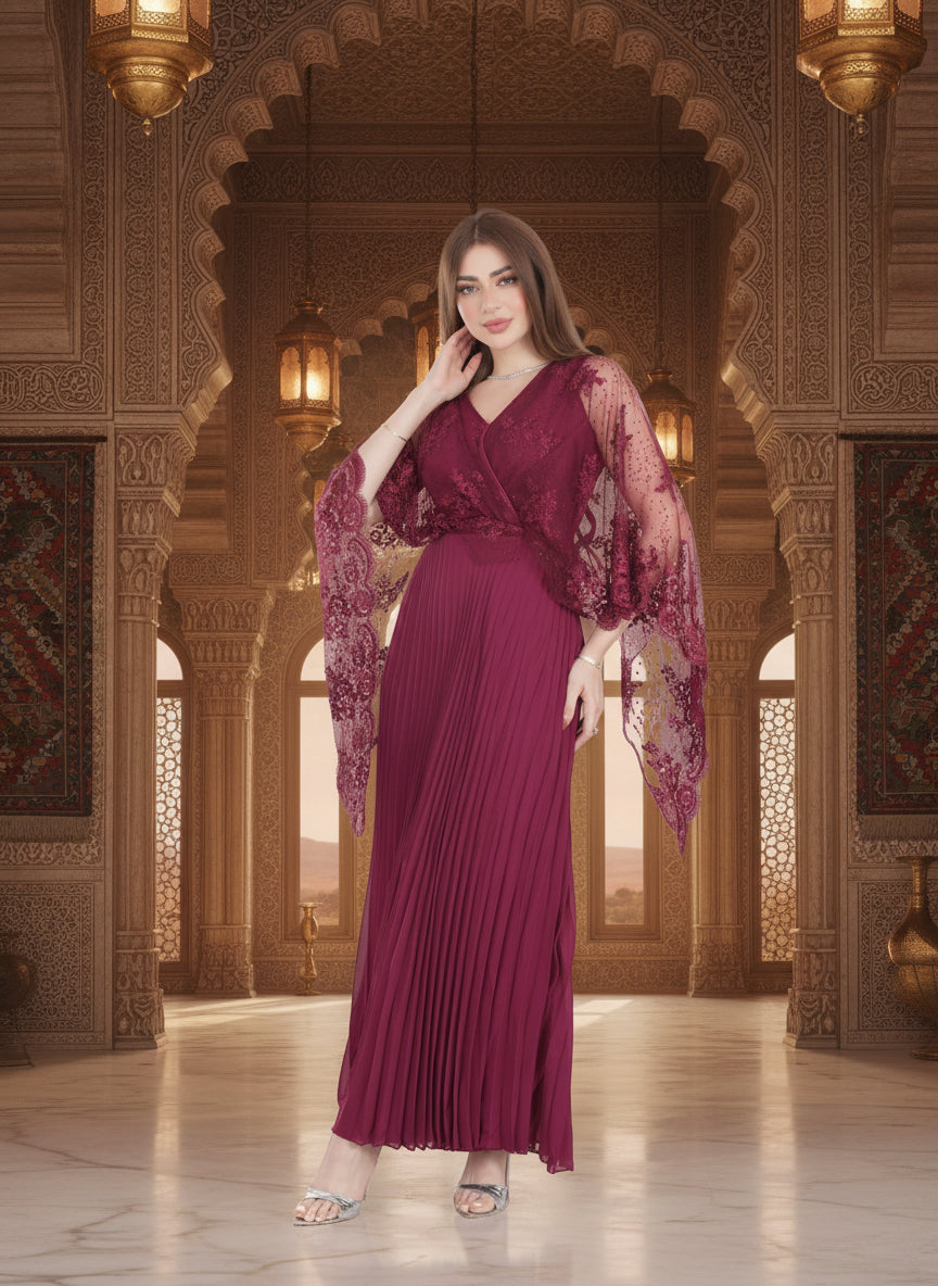 Burgundy Pleated Evening Dress with Embroidered Sheer Sleeves – Elegan – FineLook Burgundy Pleated Evening Dress with Embroidered Sheer Sleeves – Elegan – FineLook