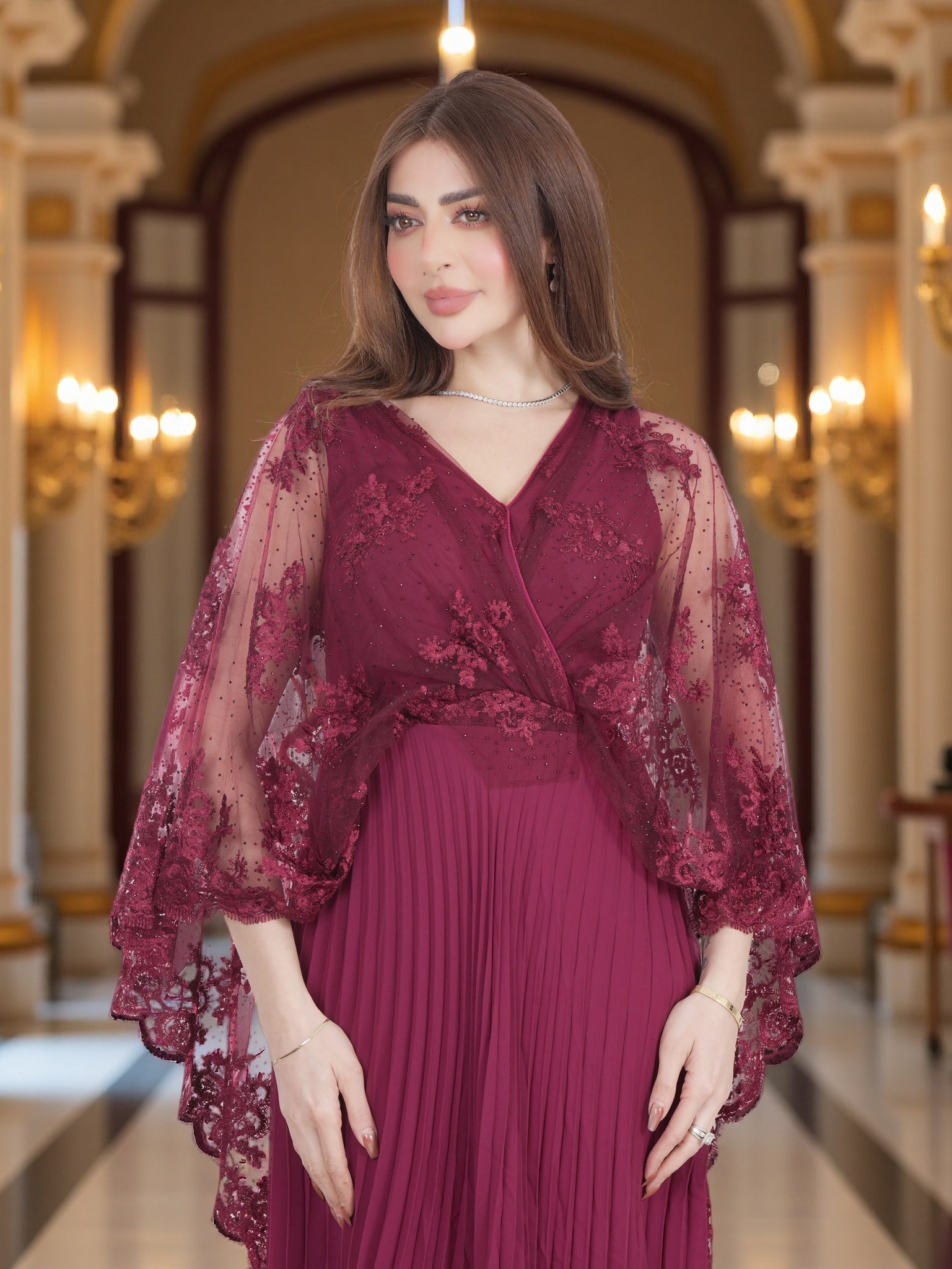 Burgundy Pleated Evening Dress with Embroidered Sheer Sleeves Elegan FineLook Burgundy Pleated Evening Dress with Embroidered Sheer Sleeves Elegan FineLook