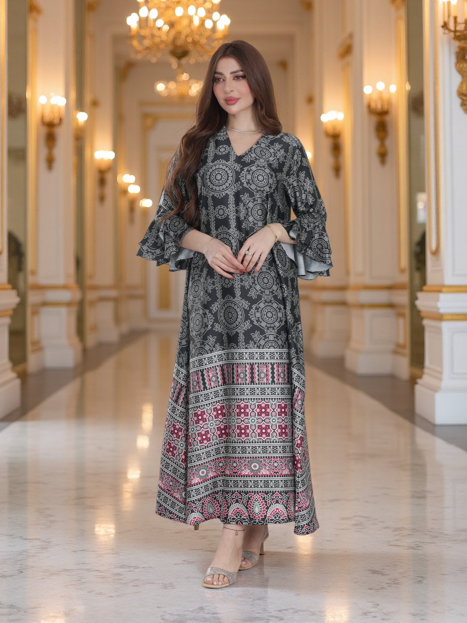 Ethnic Printed Modest Dress with Contrast Flared Sleeves – Elegant Daily Wear