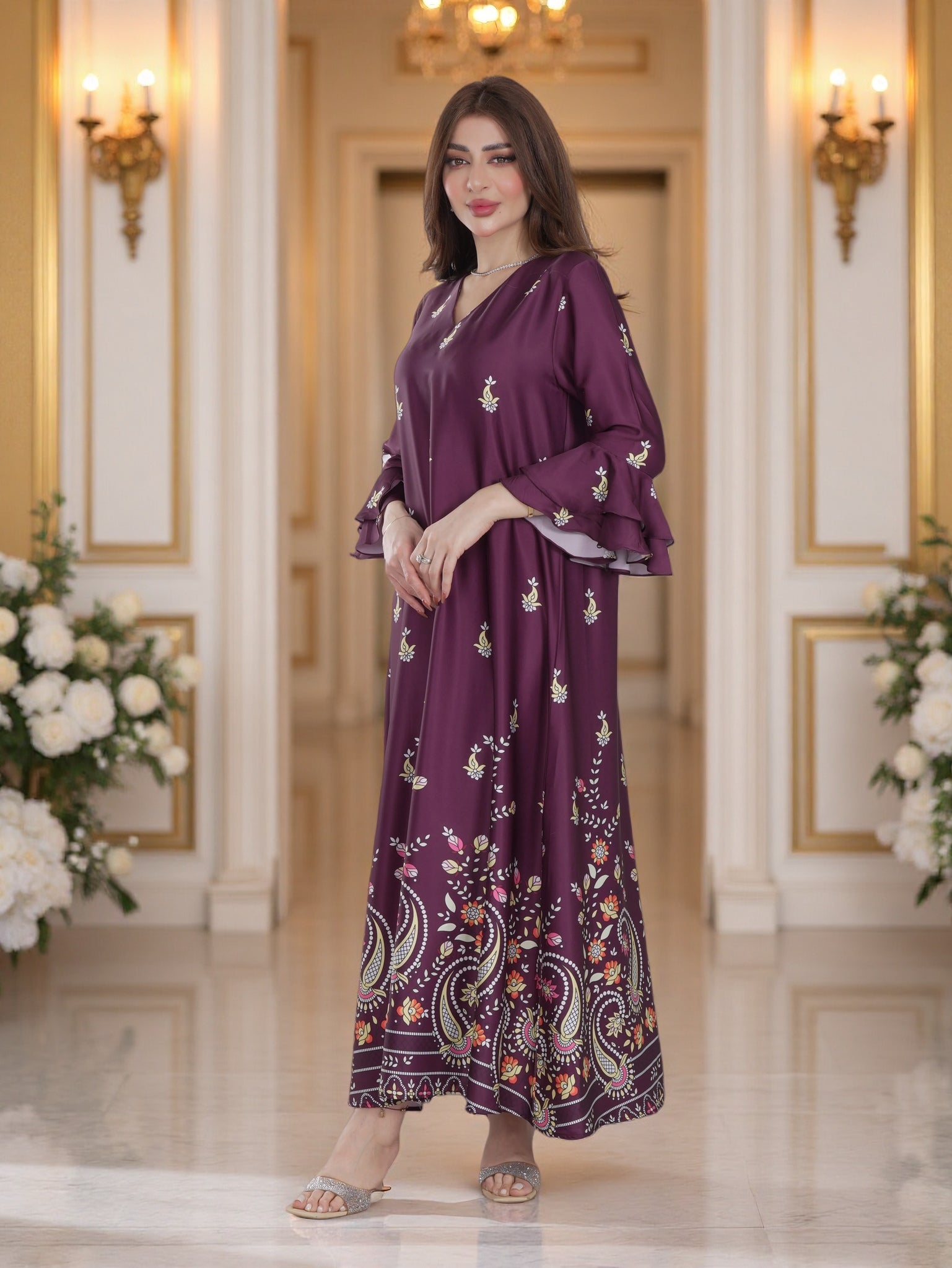 Plum Floral Printed Modest Dress with Flared Sleeves – Elegant Everyday Wear
