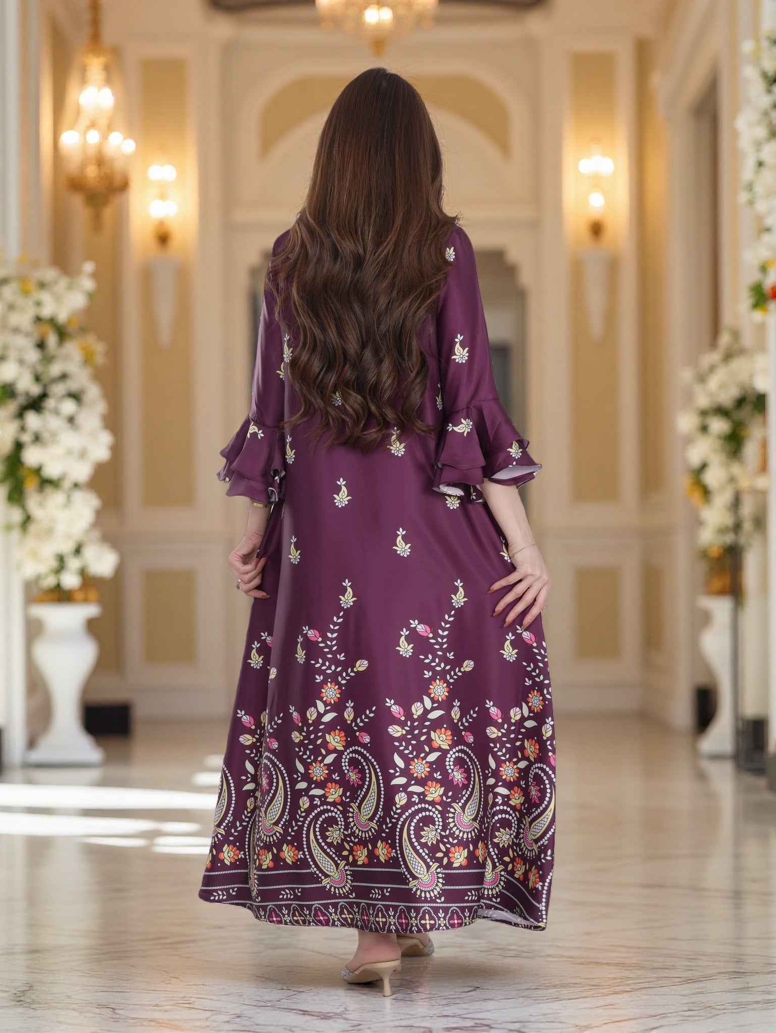 Plum Floral Printed Modest Dress with Flared Sleeves – Elegant Everyday Wear