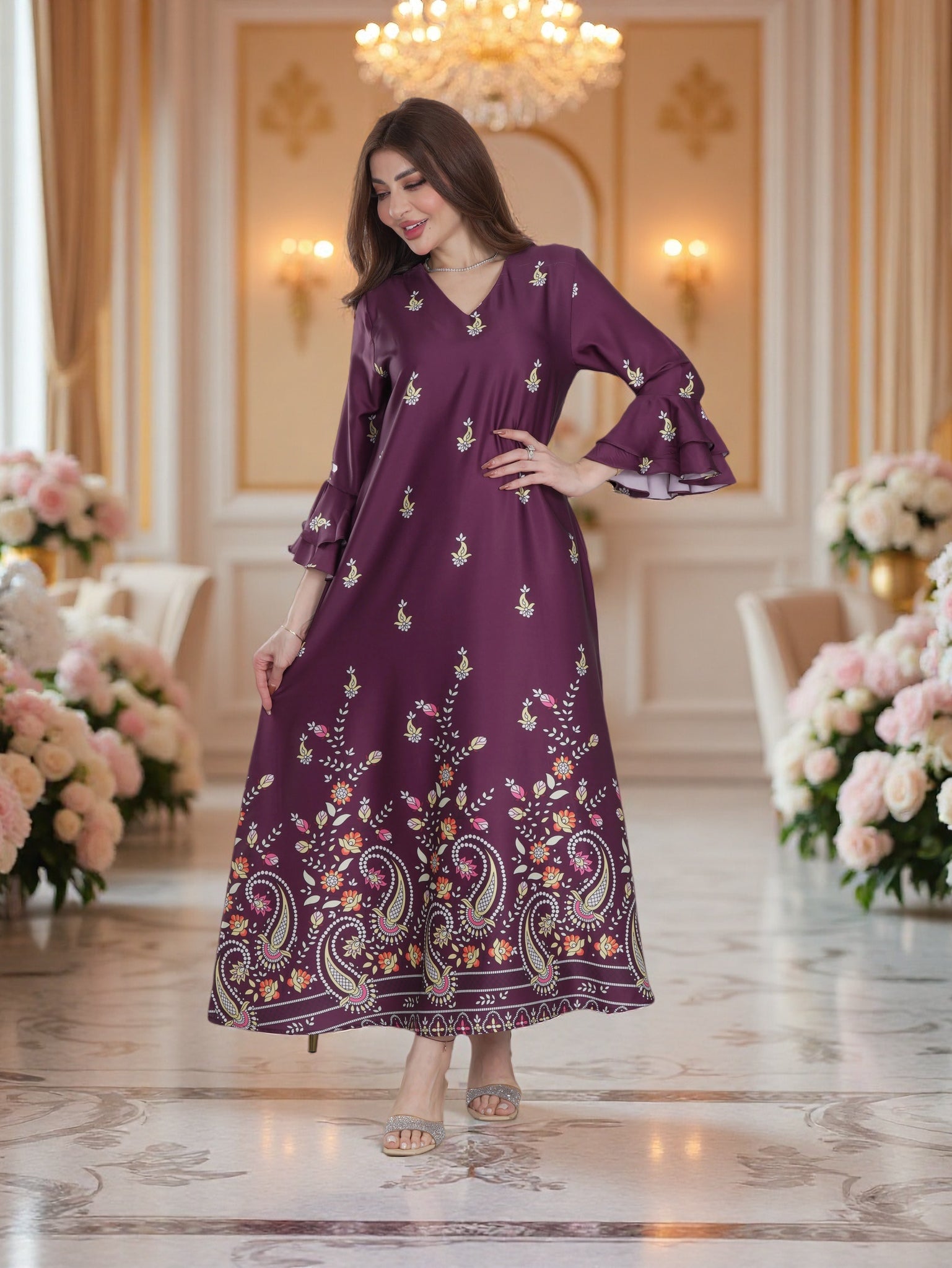 Plum Floral Printed Modest Dress with Flared Sleeves – Elegant Everyday Wear
