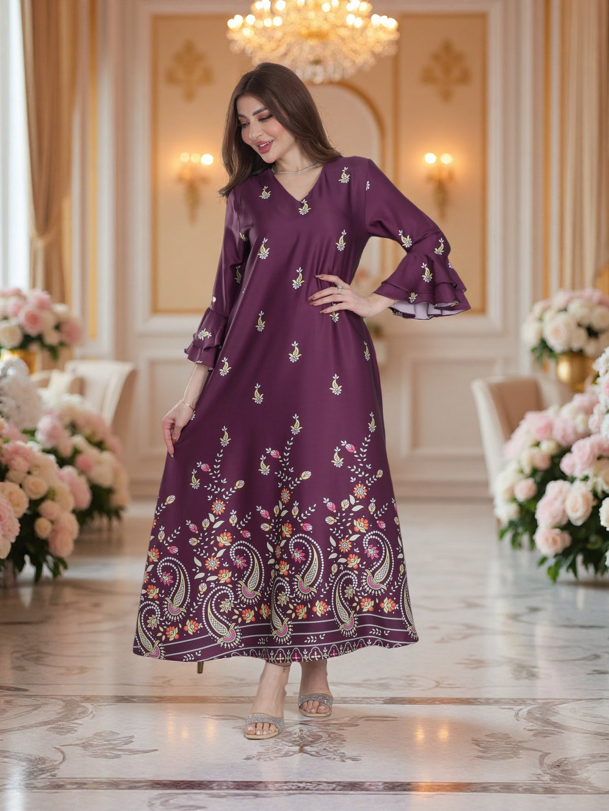 Women’s Floral & Paisley Printed Maxi Kaftan Dress 3-Piece Bundle – Saudi National Day Offer