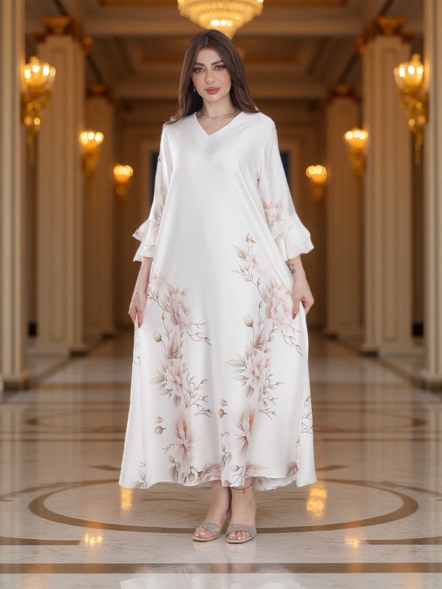 Ivory Floral Printed Modest Dress with Flared Sleeves – Elegant Everyday Wear