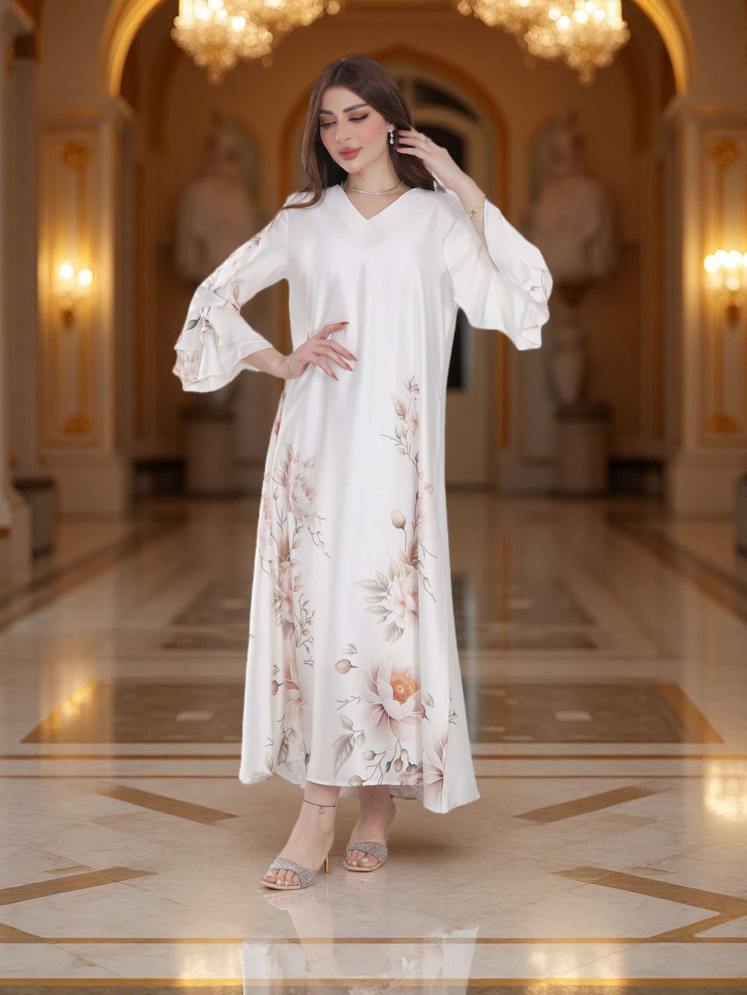 Ivory Floral Printed Modest Dress with Flared Sleeves – Elegant Everyday Wear