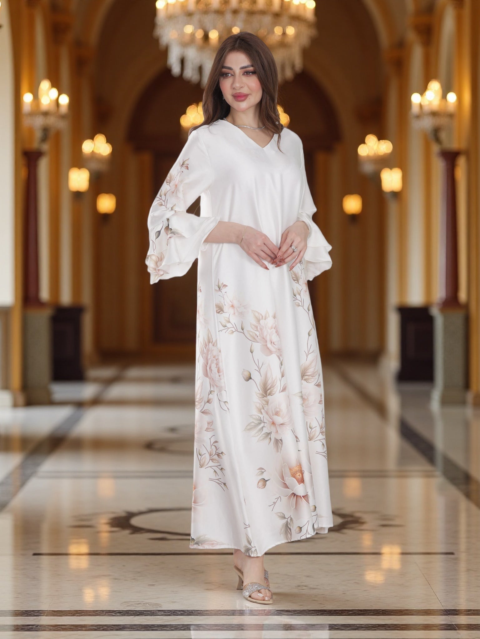 Ivory Floral Printed Modest Dress with Flared Sleeves – Elegant Everyday Wear