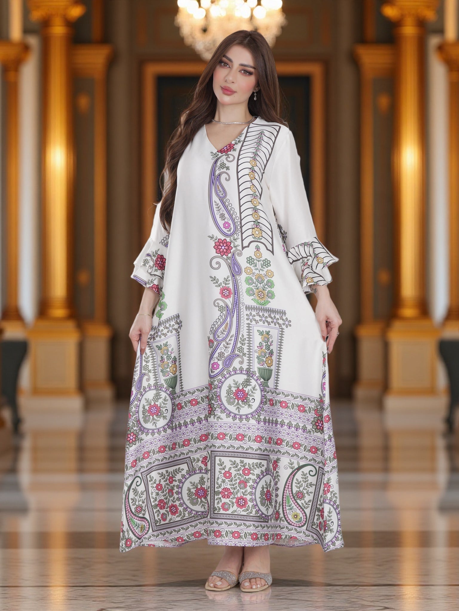 Ivory Paisley & Floral Printed Modest Dress with Flared Sleeves