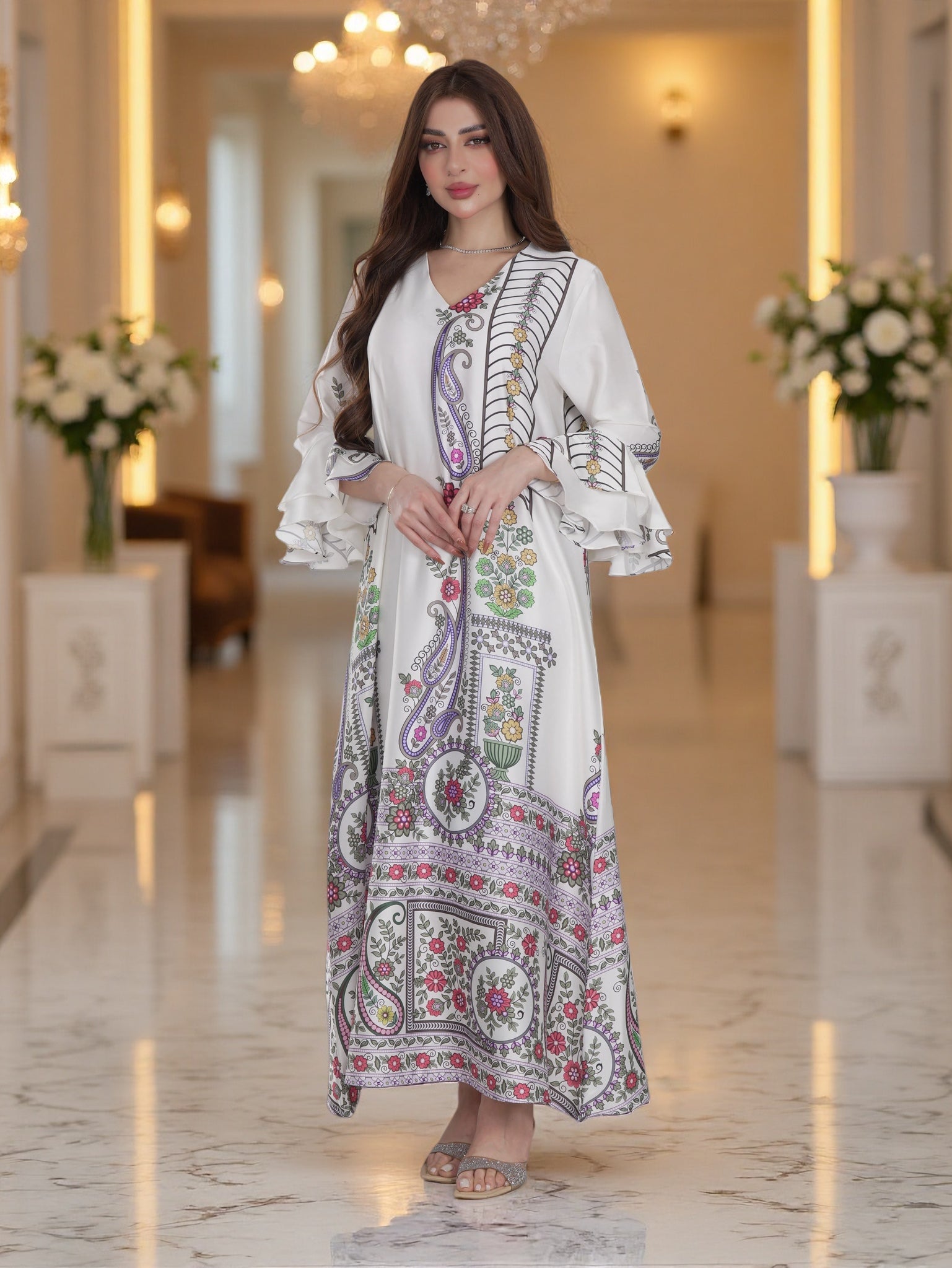Ivory Paisley & Floral Printed Modest Dress with Flared Sleeves  FineLook