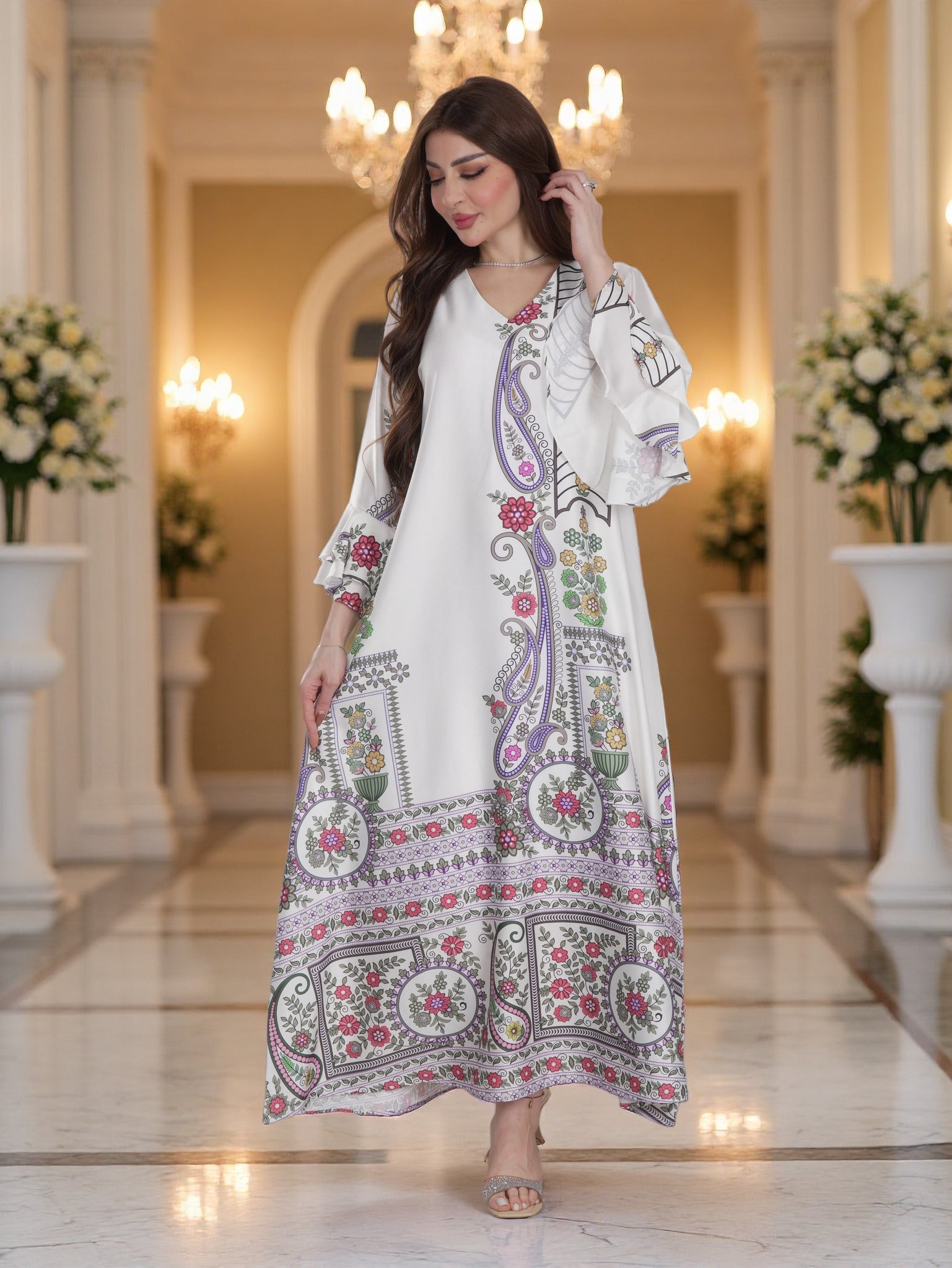 Ivory Paisley & Floral Printed Modest Dress with Flared Sleeves