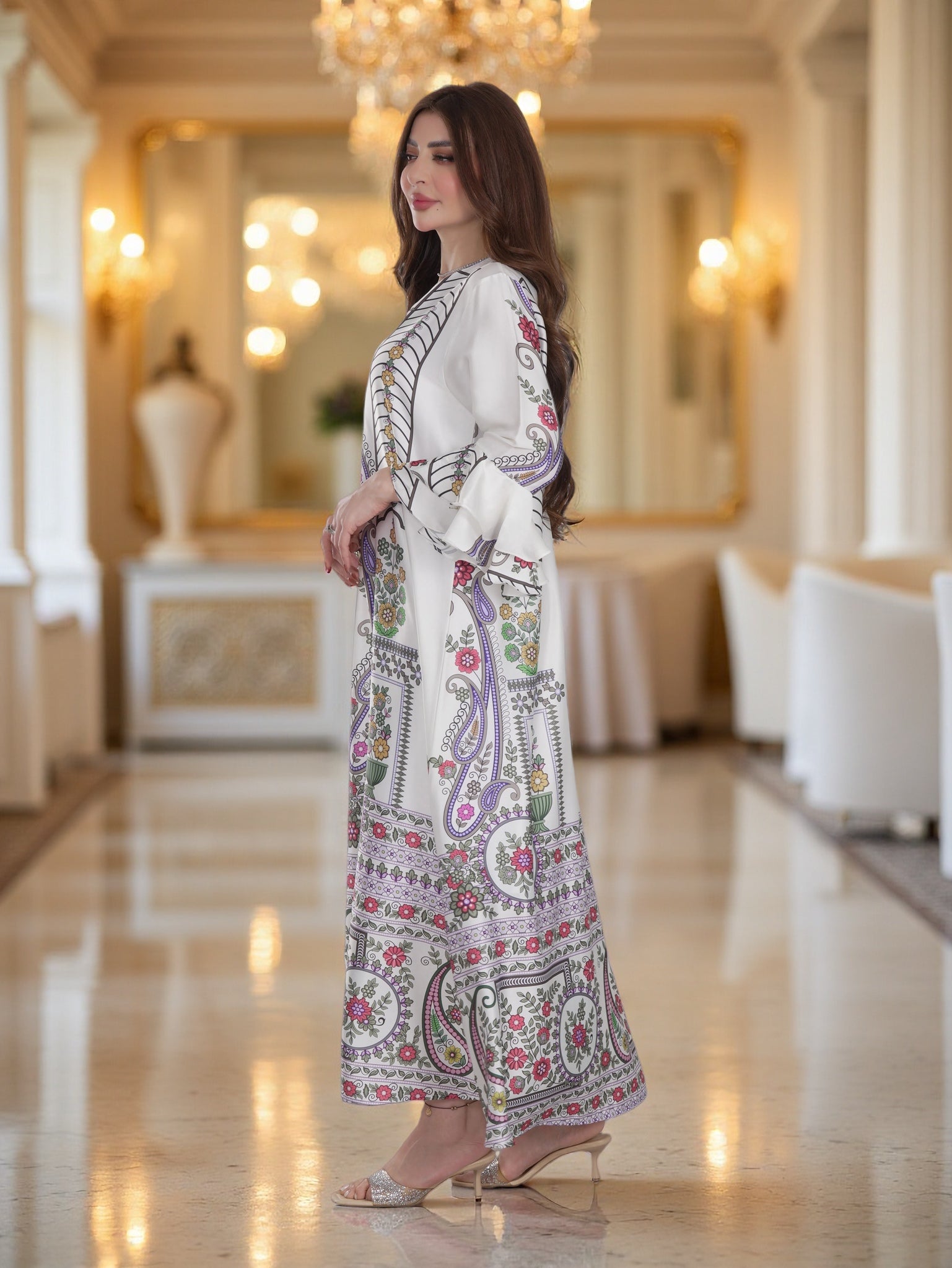 wedding dress with silver Ivory Paisley & Floral Printed Modest Dress with Flared Sleeves – FineLook
