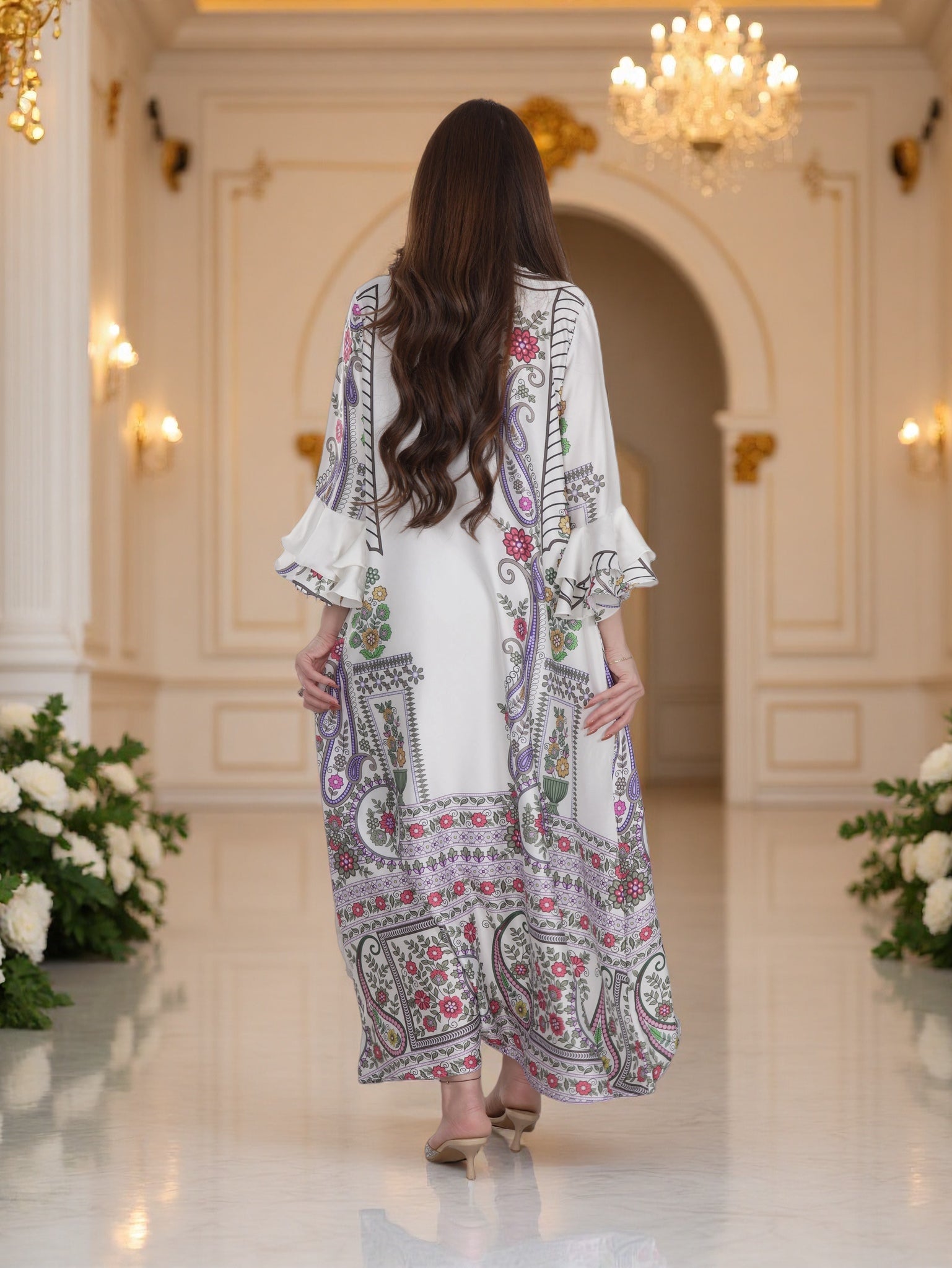 Ivory Paisley & Floral Printed Modest Dress with Flared Sleeves