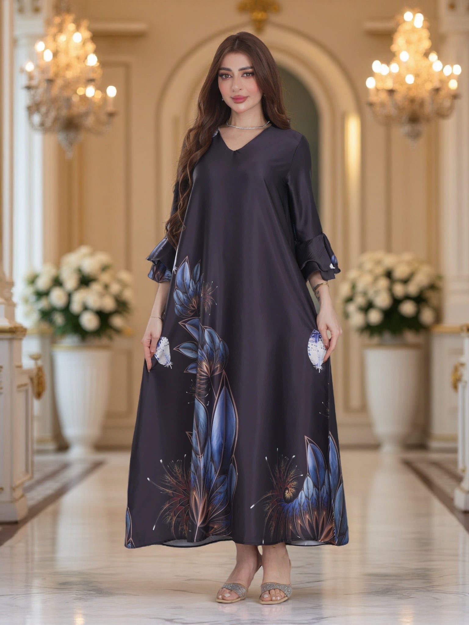 Black Floral Printed Modest Dress with Flared Sleeves – Elegant Evening Wear
