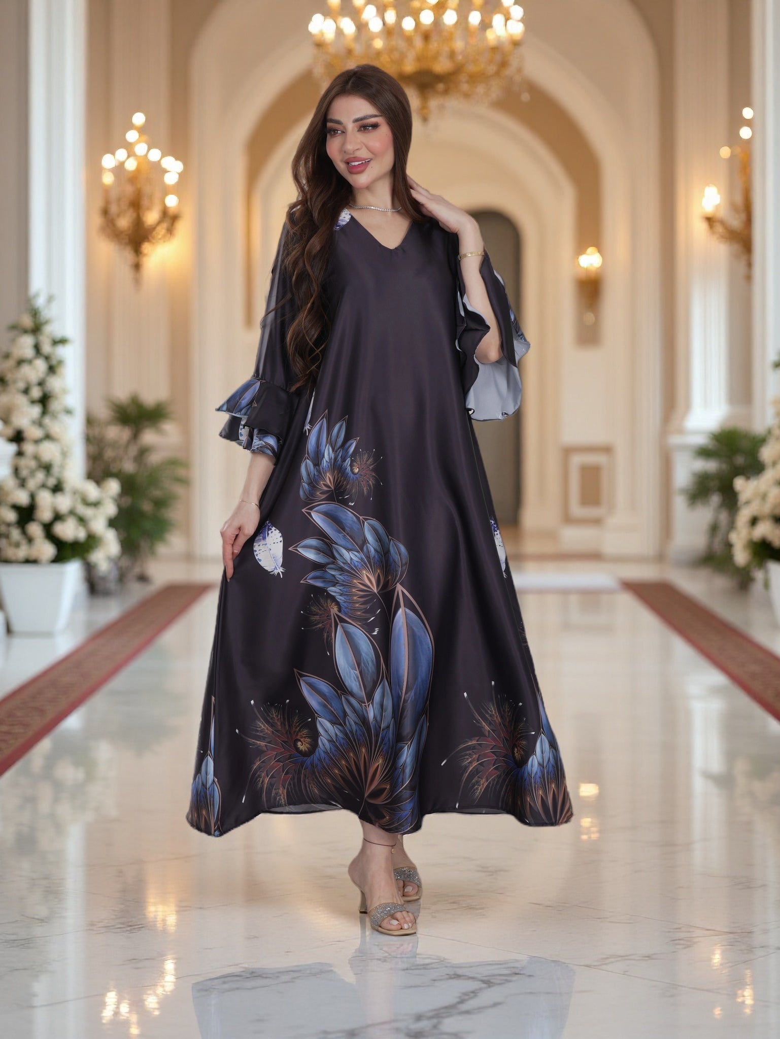 Black Floral Printed Modest Dress with Flared Sleeves – Elegant Evening Wear