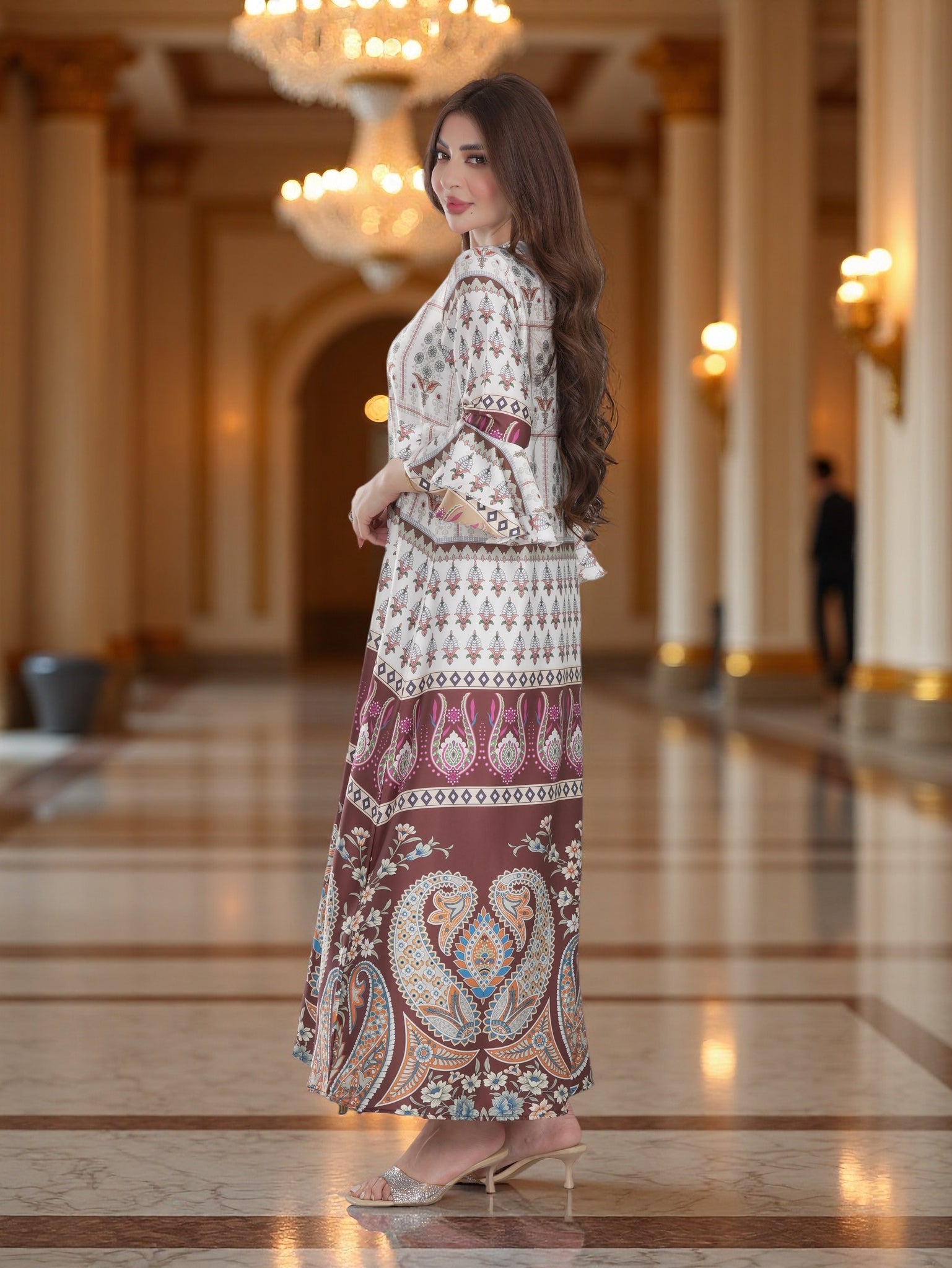 Ivory & Brown Paisley Printed Modest Dress with Flared Sleeves