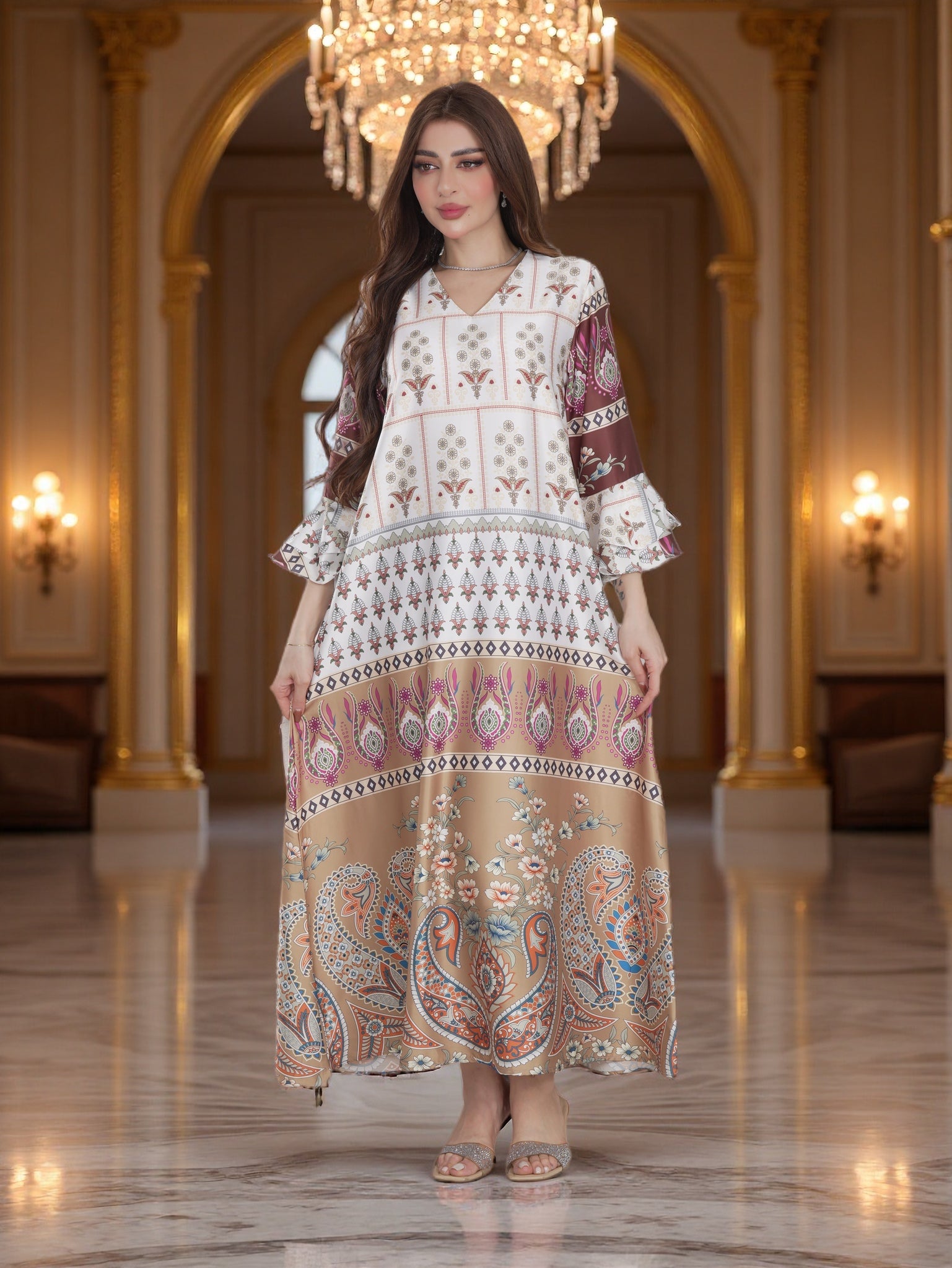 Ivory & Beige Heritage Print Modest Dress with Flared Sleeves – FineLook