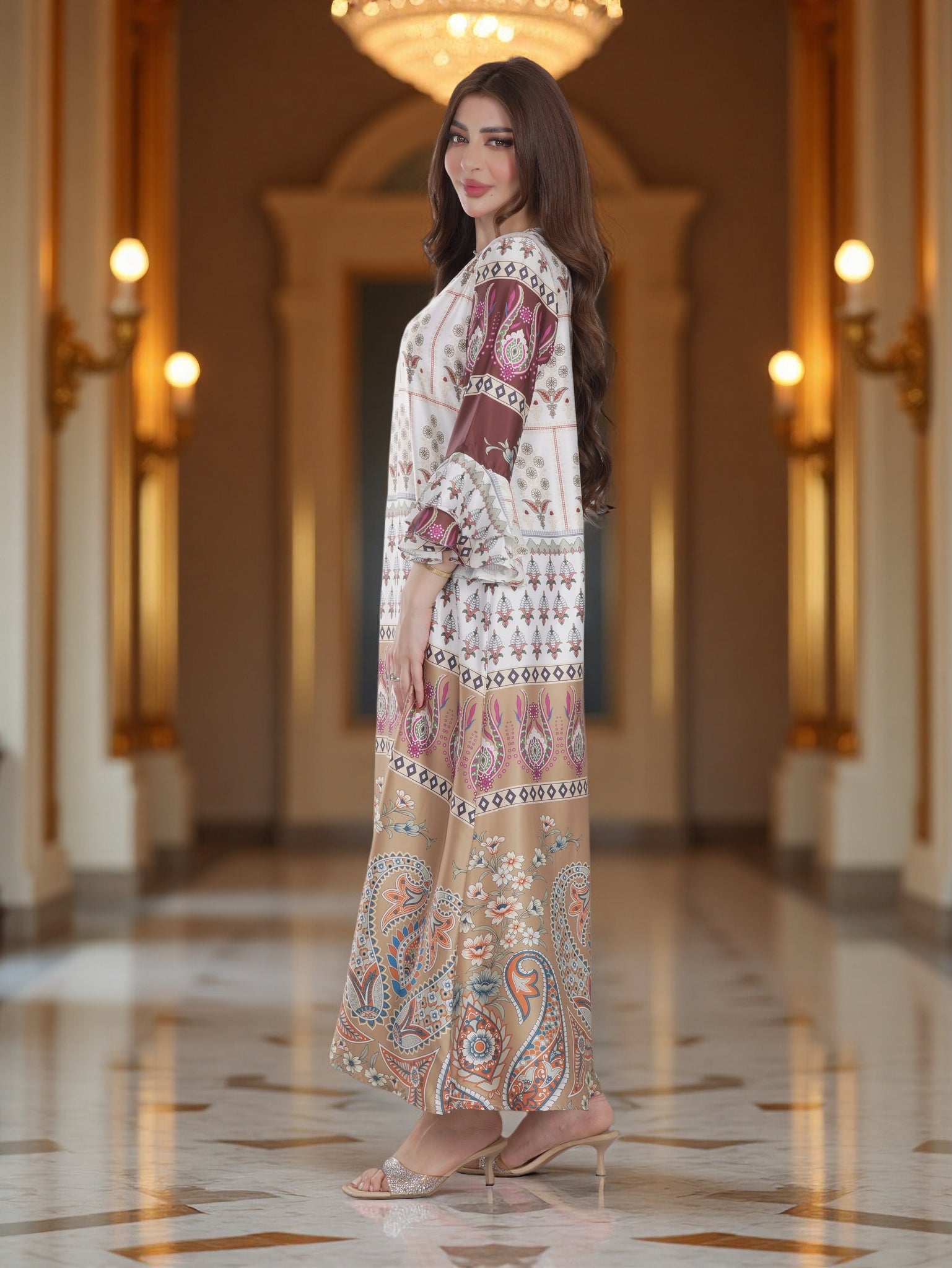 Ivory & Beige Heritage Print Modest Dress with Flared Sleeves