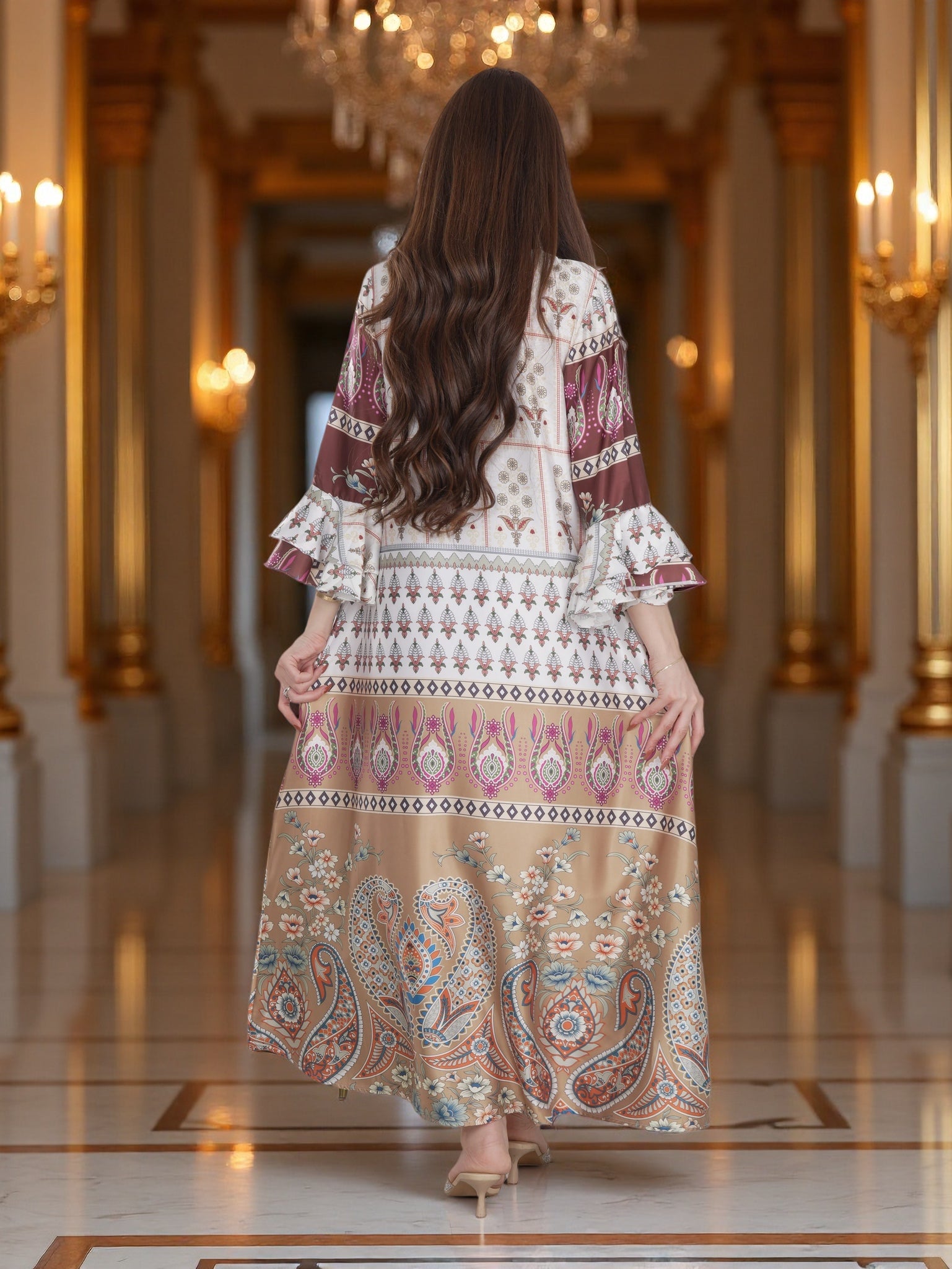 Ivory & Beige Heritage Print Modest Dress with Flared Sleeves