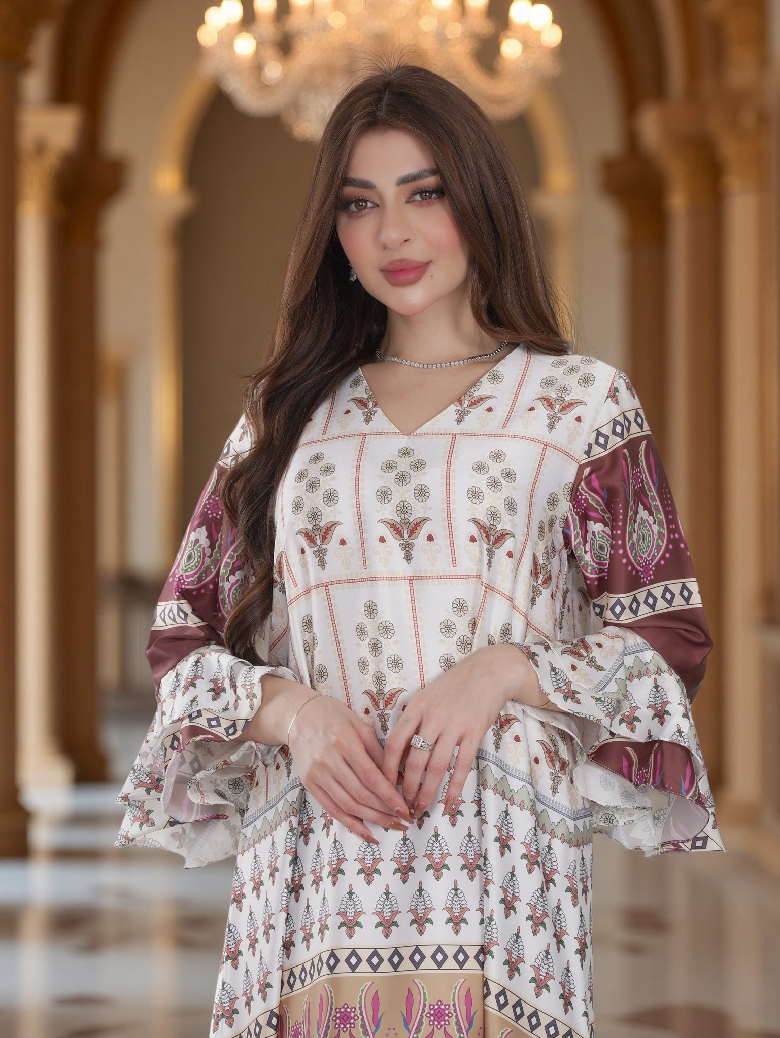 Ivory & Beige Heritage Print Modest Dress with Flared Sleeves