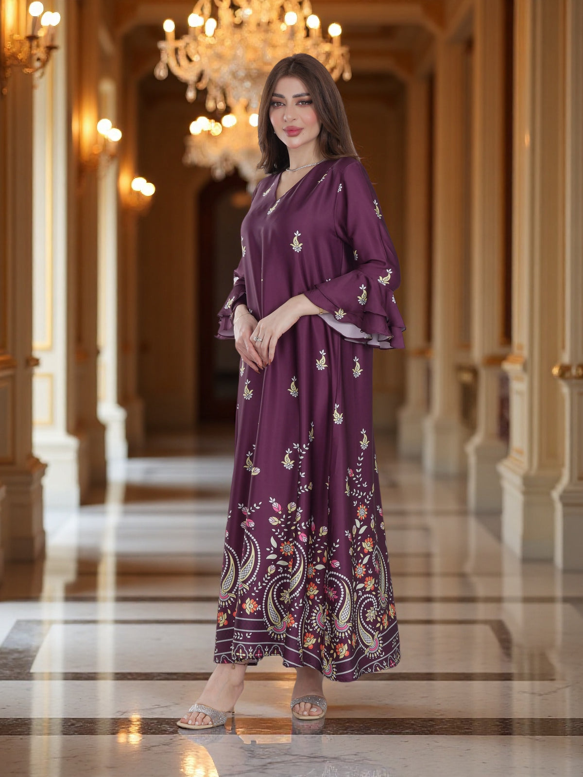 Women’s Floral & Paisley Printed Maxi Kaftan Dress 3-Piece Bundle – Saudi National Day Offer