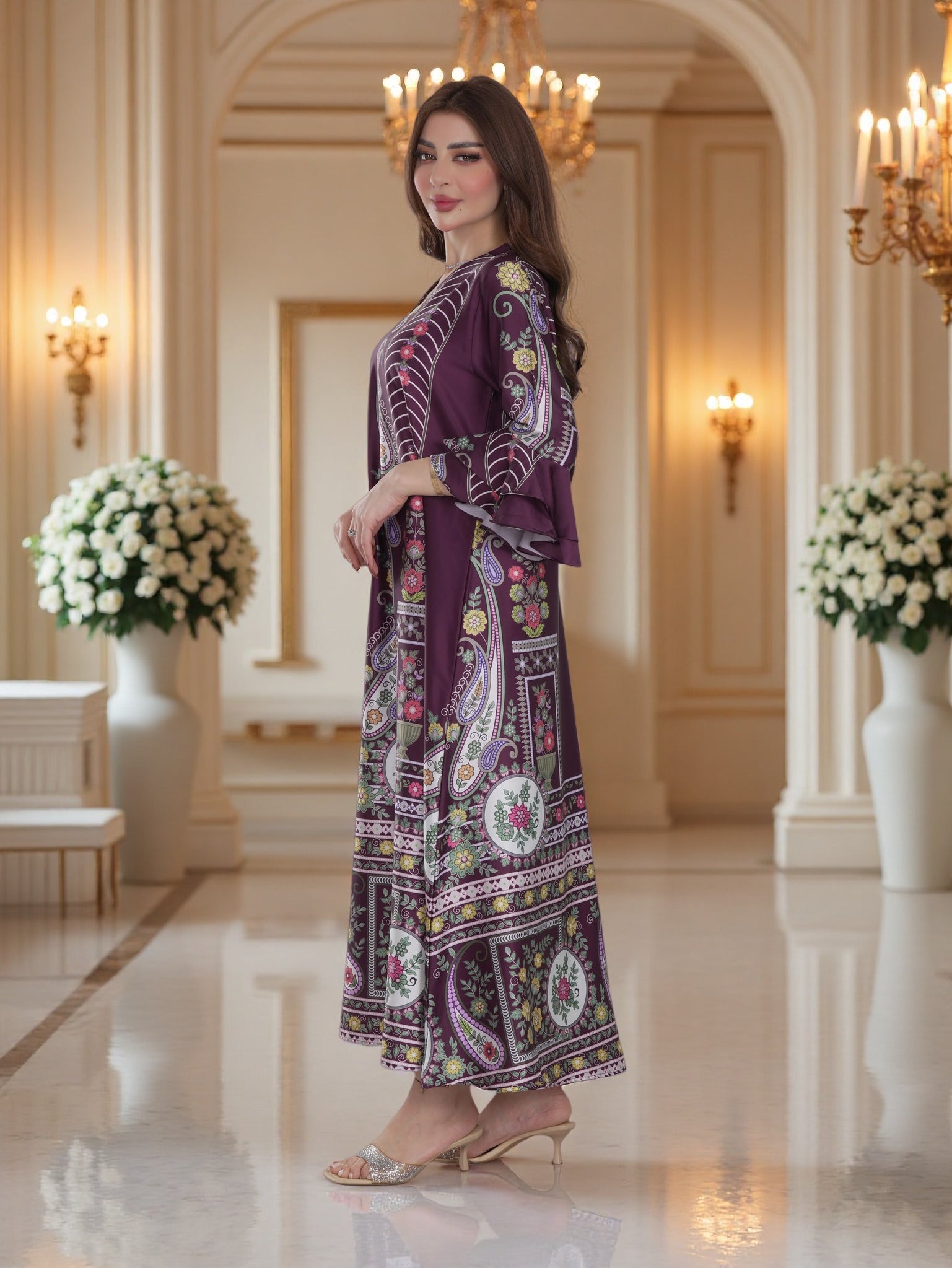 Plum Heritage Print Modest Maxi Dress with Flared Sleeves